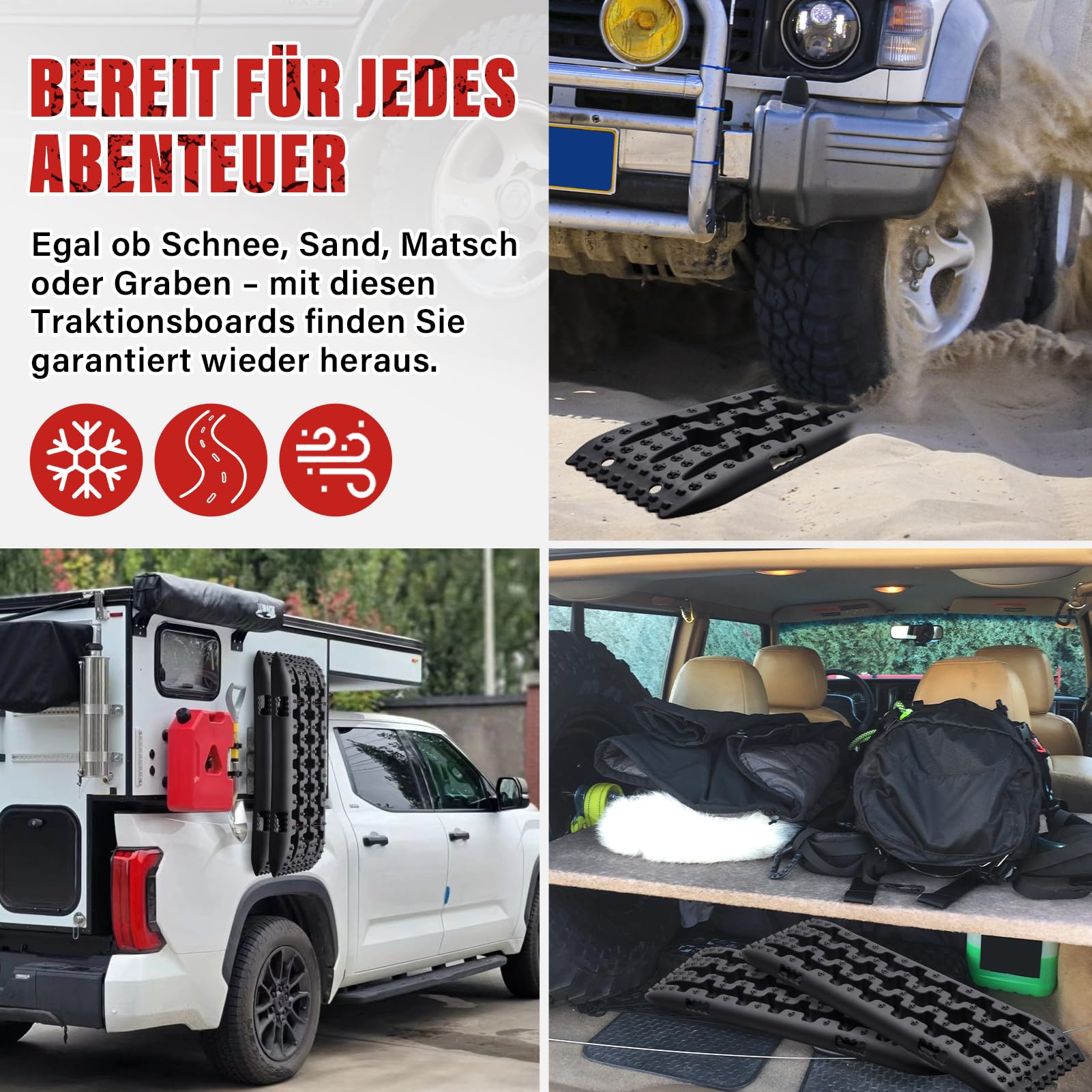 Sandbleche Offroad 2 Stück – Anfahrhilfe & Traktionshilfe fürWohnmobil, SUV & LKW | 10?t Belastbar | Kunststoffplatten für Schlamm, Sand & Schnee | Flexibel, Robust & Leicht (Schwarz)