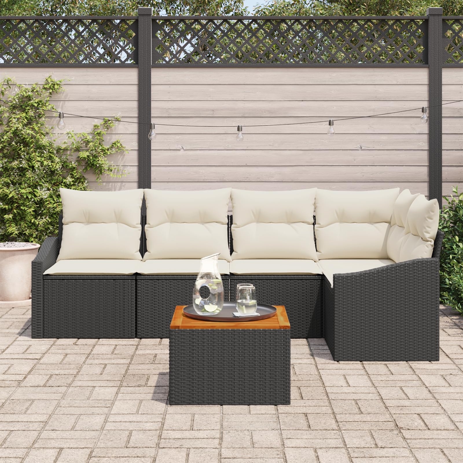 Juego de 6 sofás de jardín con cojines en color negro de polirratán acacia y tapicería para exteriores, conjunto de muebles de jardín, cómodo y tejido a mano