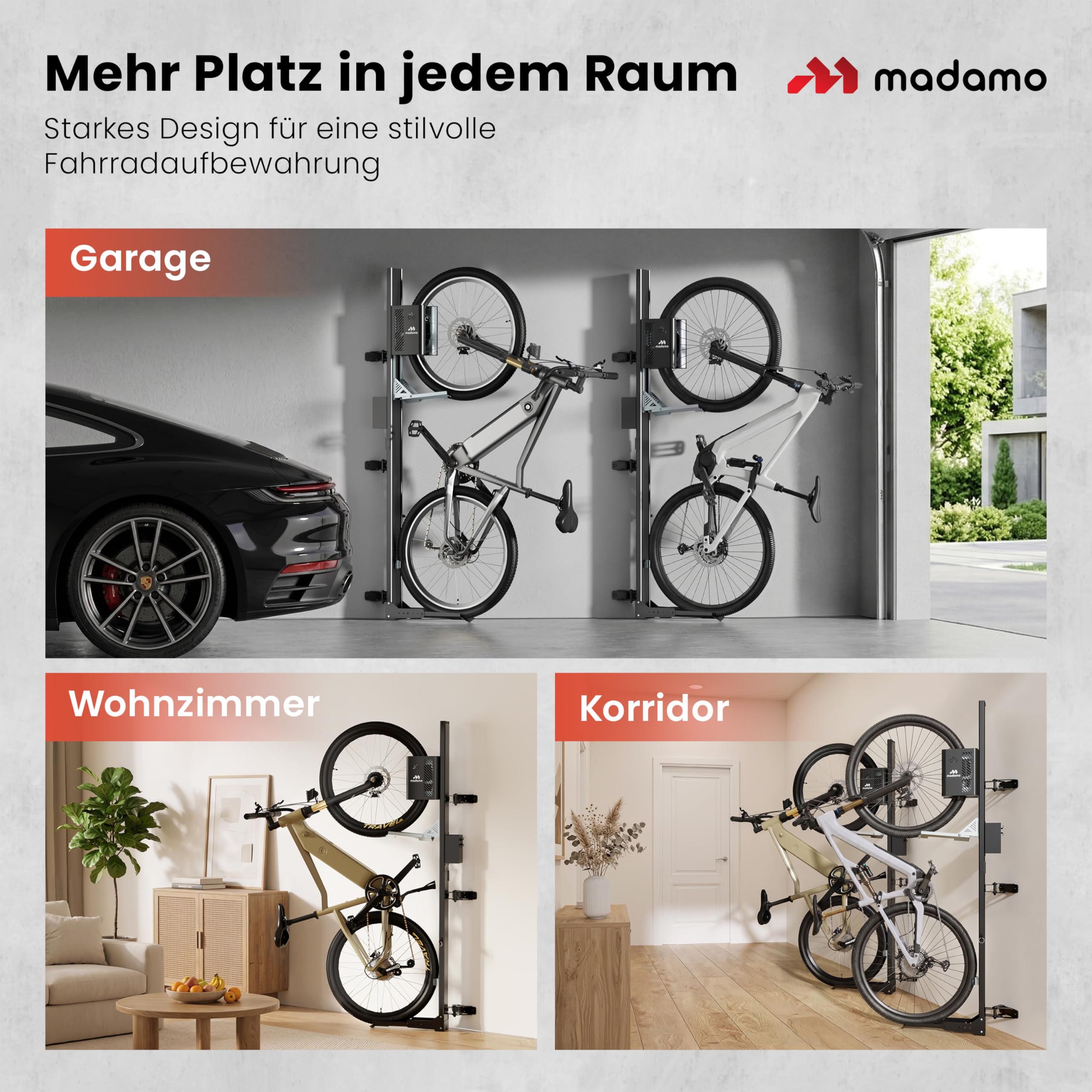 MADAMO Fahrradlift schwenkbar - Fahrrad Wandhalterung vertikal bis 32kg - Fahrradaufhängung Wand - Bike Wall Mount für Garagen Ordnung - Für alle Fahrradtypen inkl E-Bike, MTB & Rennrad - Schwarz/Rot