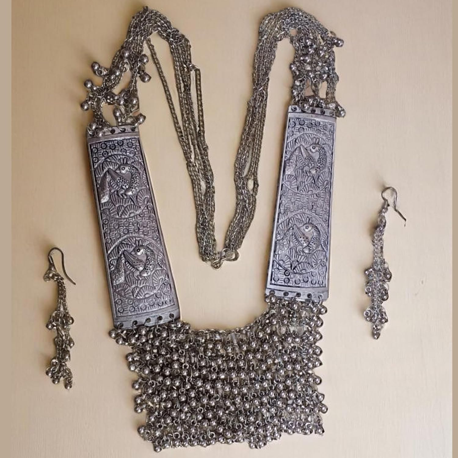Silver Long Necklace with Earrings Set for Women | Traditional Oxidized Jewelry Set | Antique Look Ethnic Necklace & Earring Combo for Party, Wedding & Festive Wear - Image 4