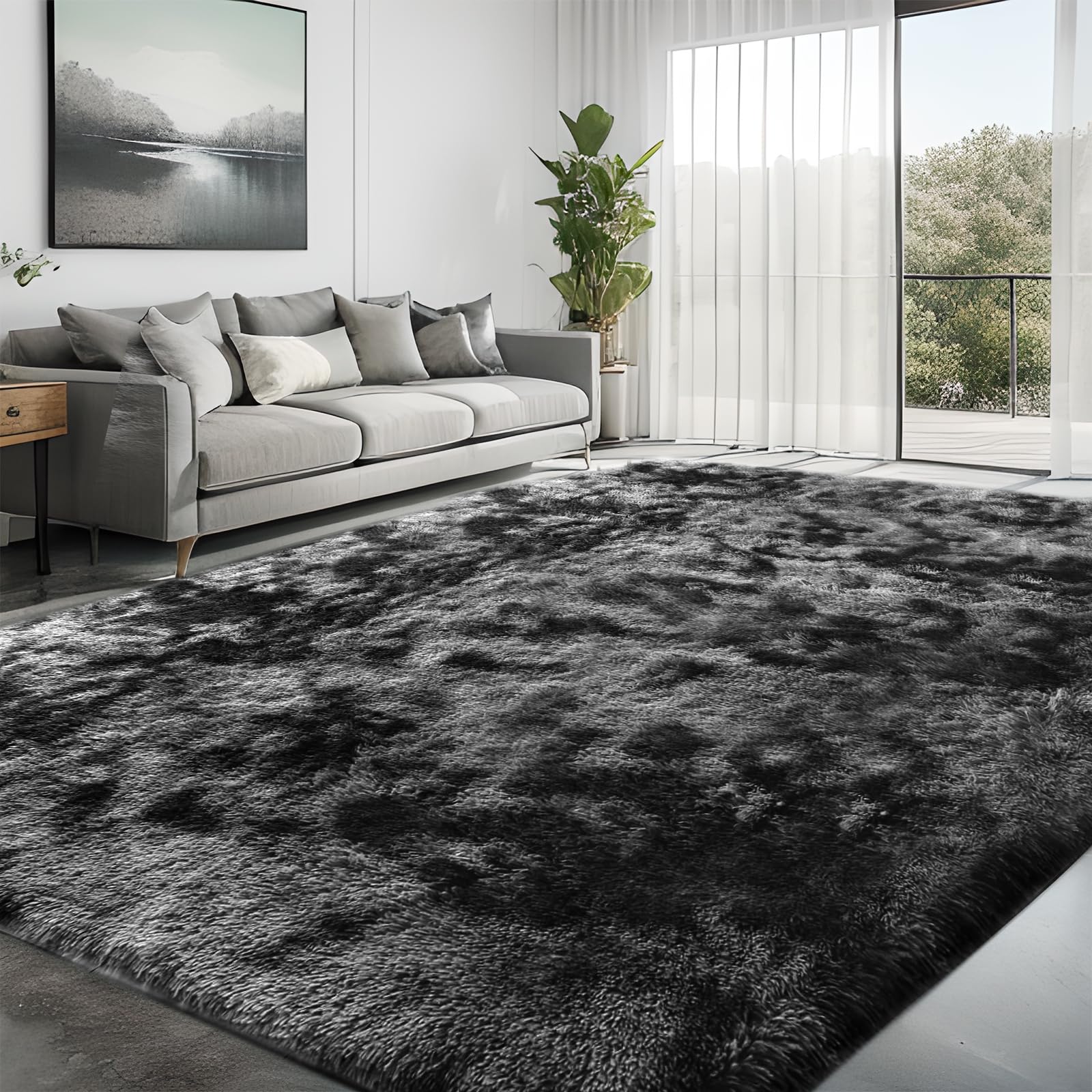 AMUSPK Living Room Rugs 120x180 cm, Extra Large Shaggy Soft Rug Fluffy Area Carpet, Modern Tie-dye Carpet Washable Rugs for Home Decor, Bedroom, Dorm, Kids Room Lounge Office, Dark Grey