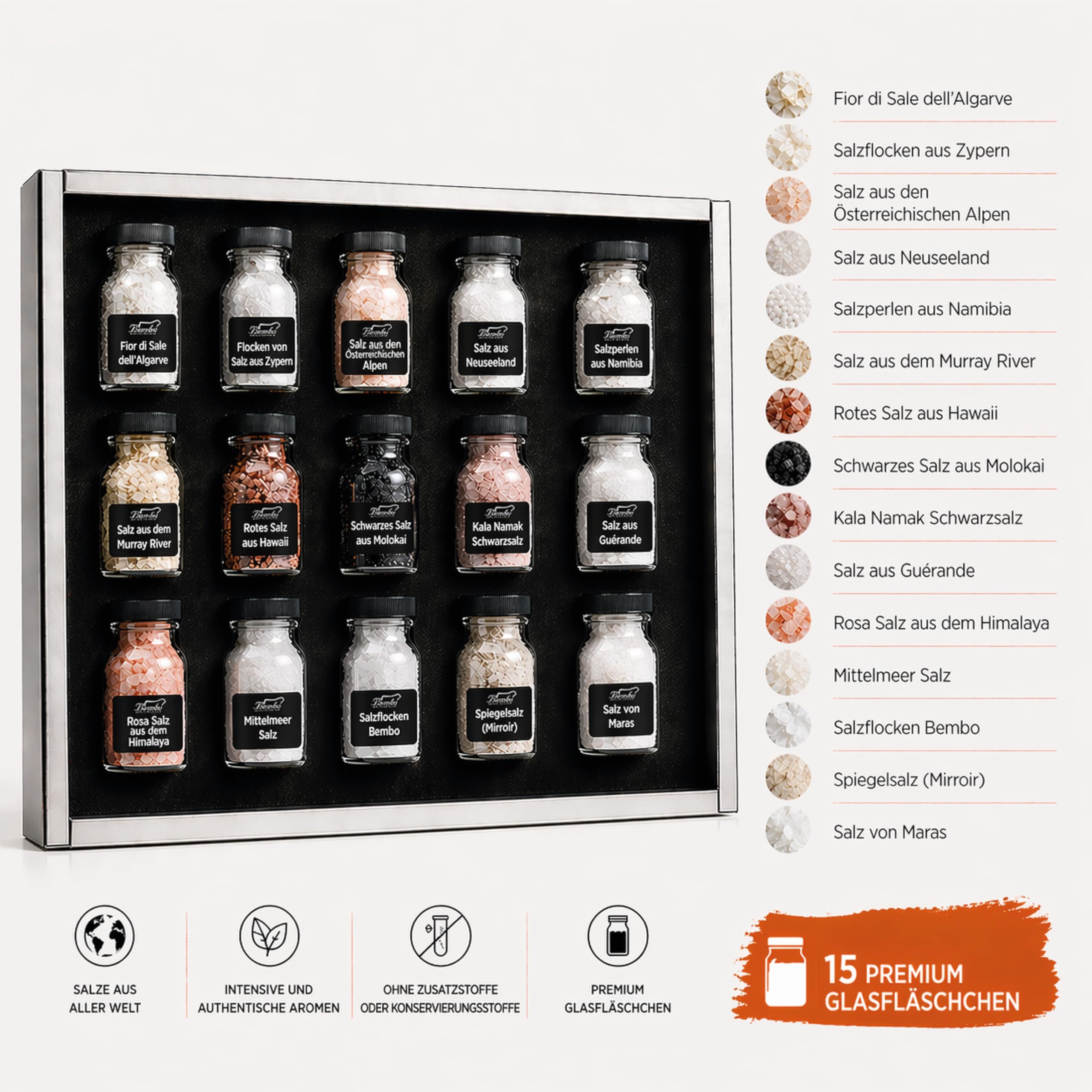 Gourmet Salz Set 15er Bembo – Premium Salz Geschenkset – Seltene Salze aus aller Welt – Gewürz Set Küche