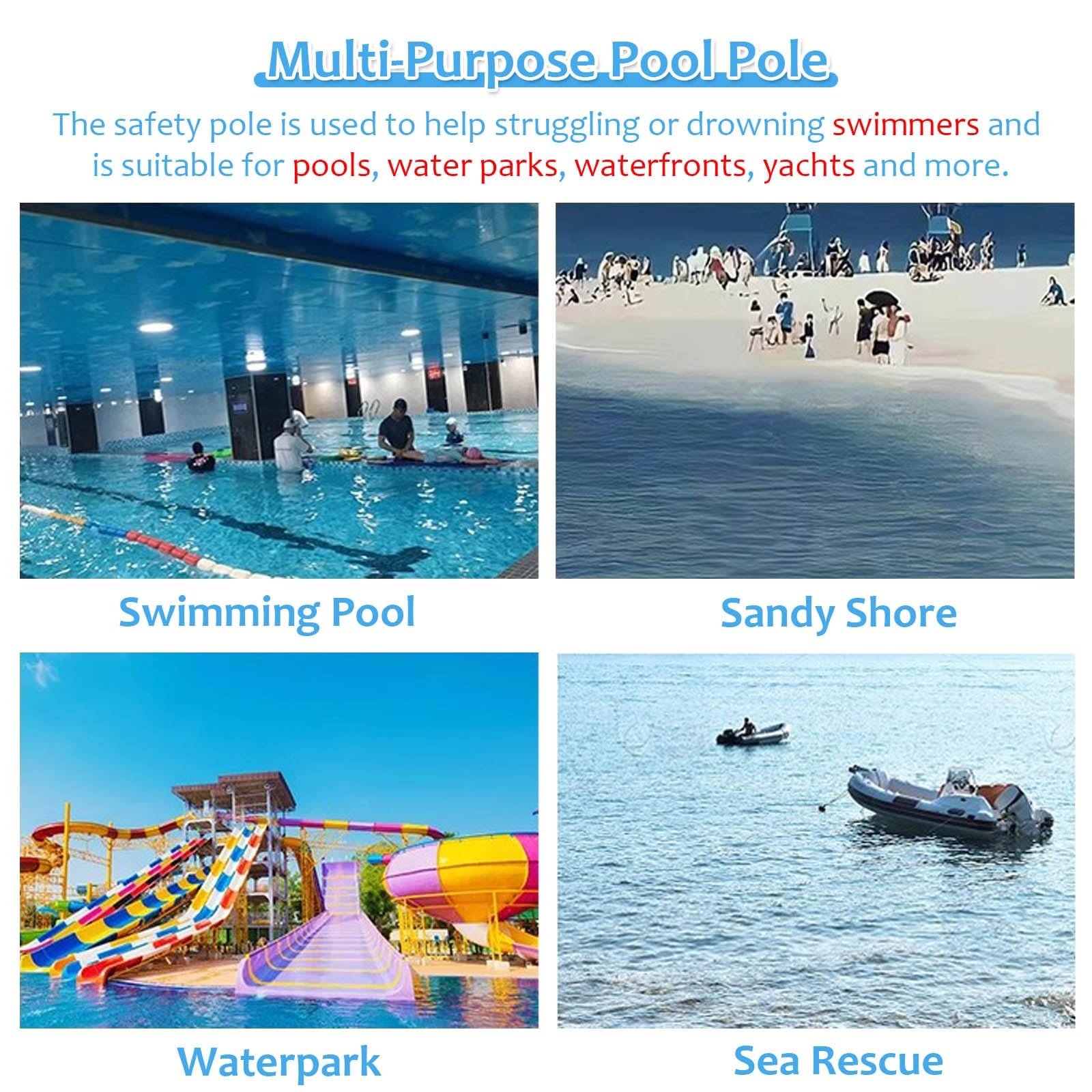 Poste de Rescate para Piscina, Poste Salvavidas de Emergencia para Piscina - Telescópico de 3 a 3,6 m, Resistente, con Gancho de Seguridad Ajustable para Adultos y niños, Equipo de Rescate m
