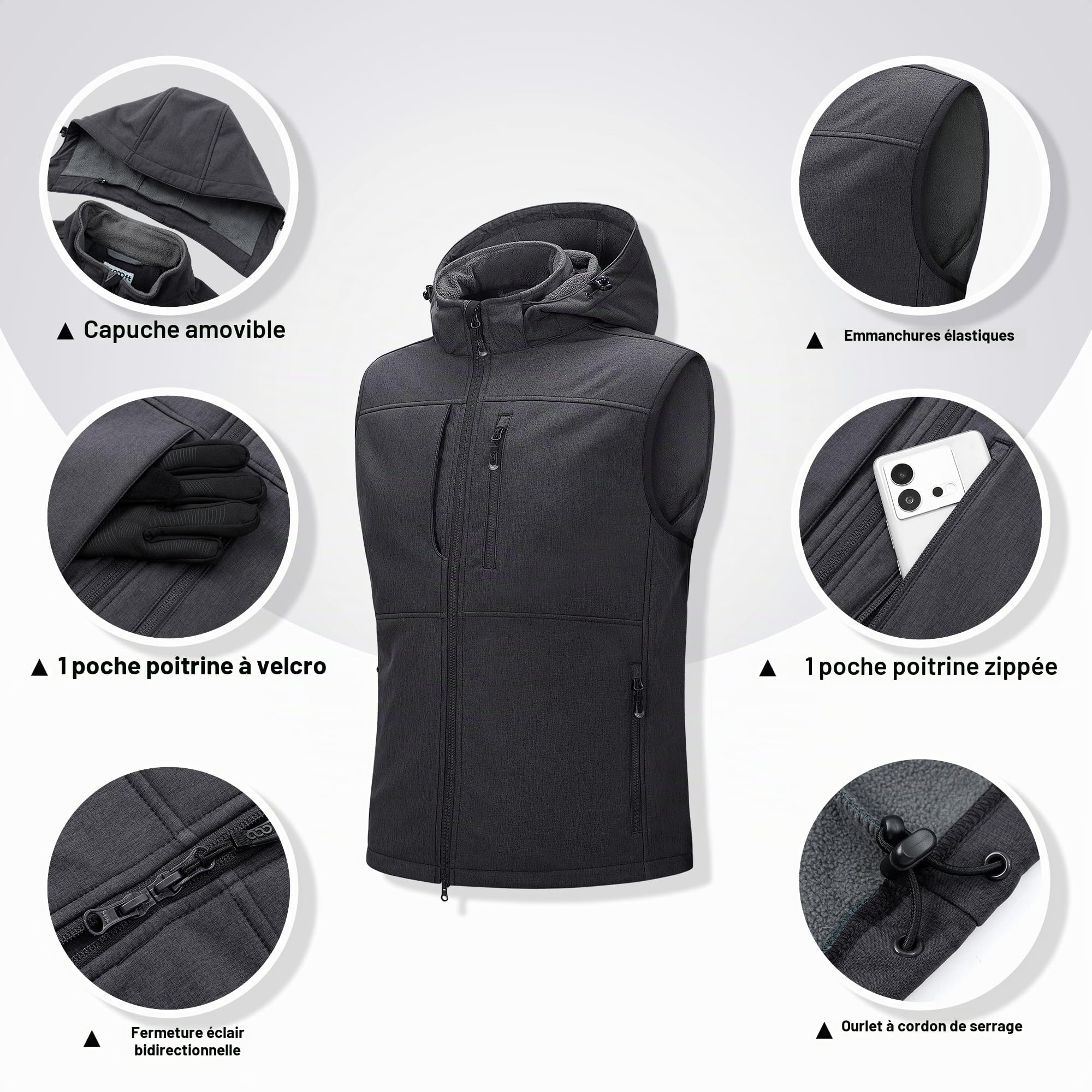 33,000ft Gilet softshell imperméable sans manches pour homme - Gilet polaire avec capuche - Fermeture éclair intégrale, XL