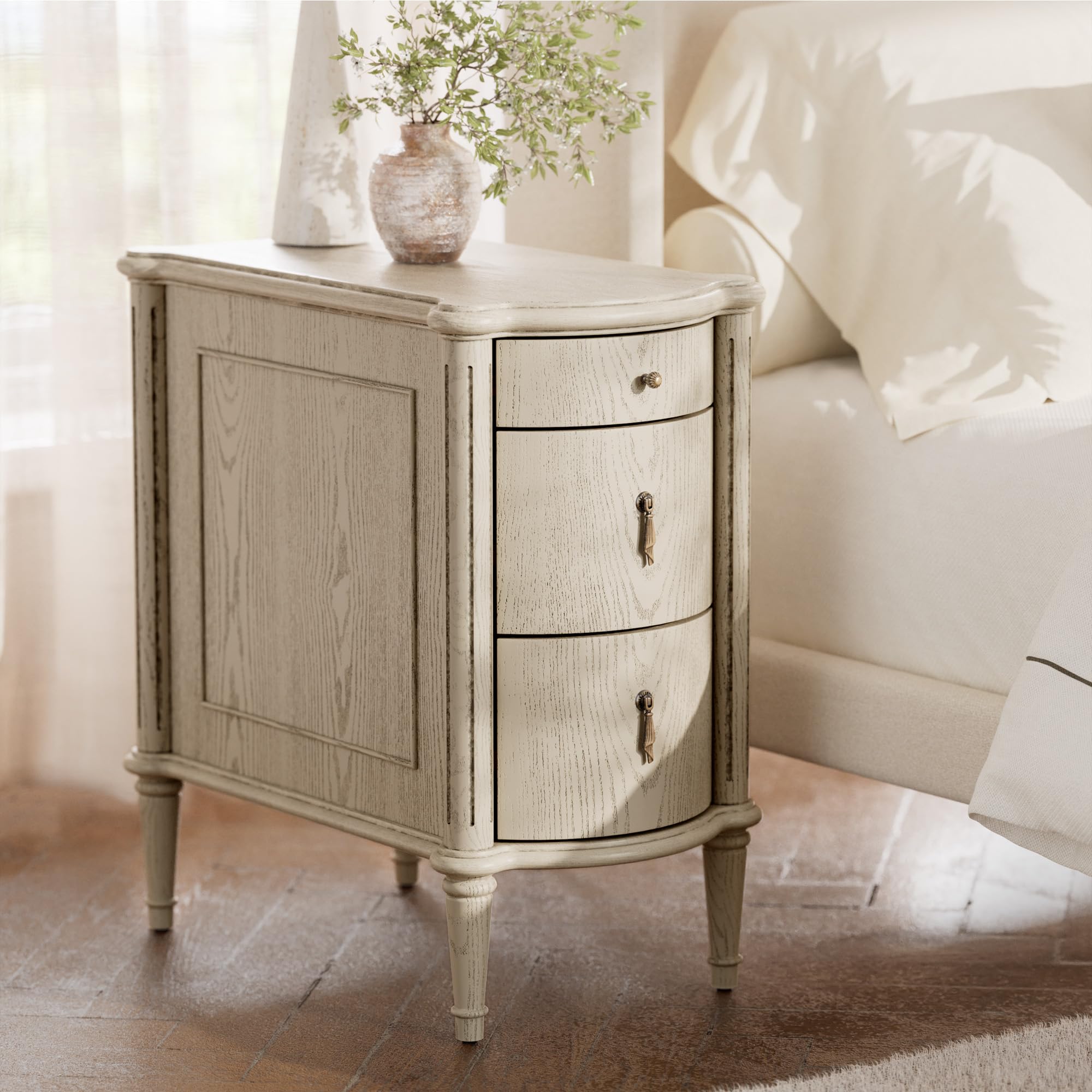 STO'SENSE Nightstand w/Charging Station & 3 Drawers, Pre-Assembled, Vintage Side Table w/Antique-Finished Pulls, Rustic Wood Finish, Narrow End Table