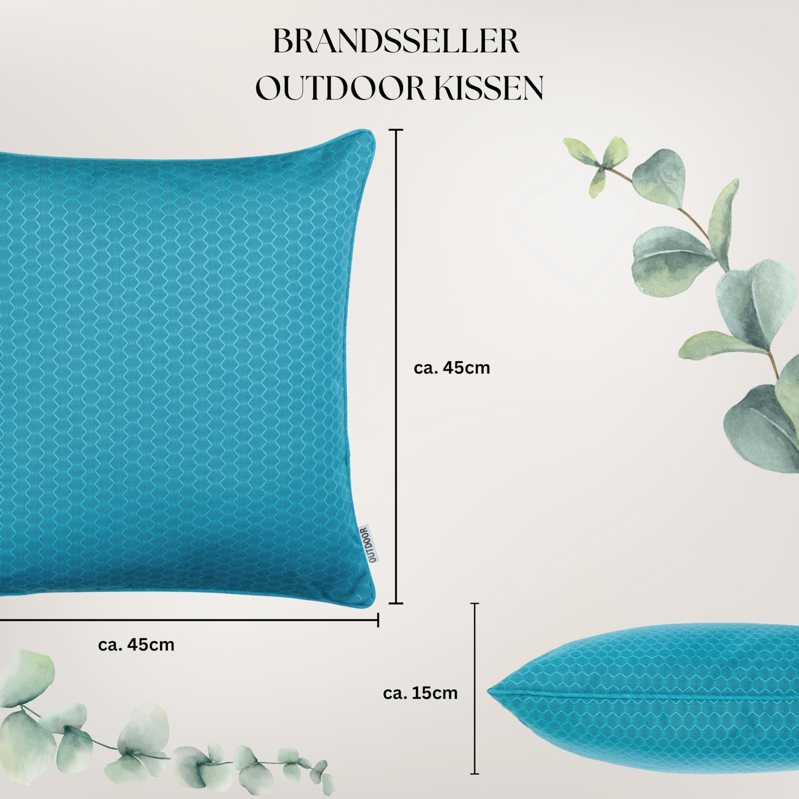 Brandsseller Lot de 4 Coussins d’extérieur 45 x 45 cm Imperméables avec Passepoil Structure alvéolaire Bleu Aqua