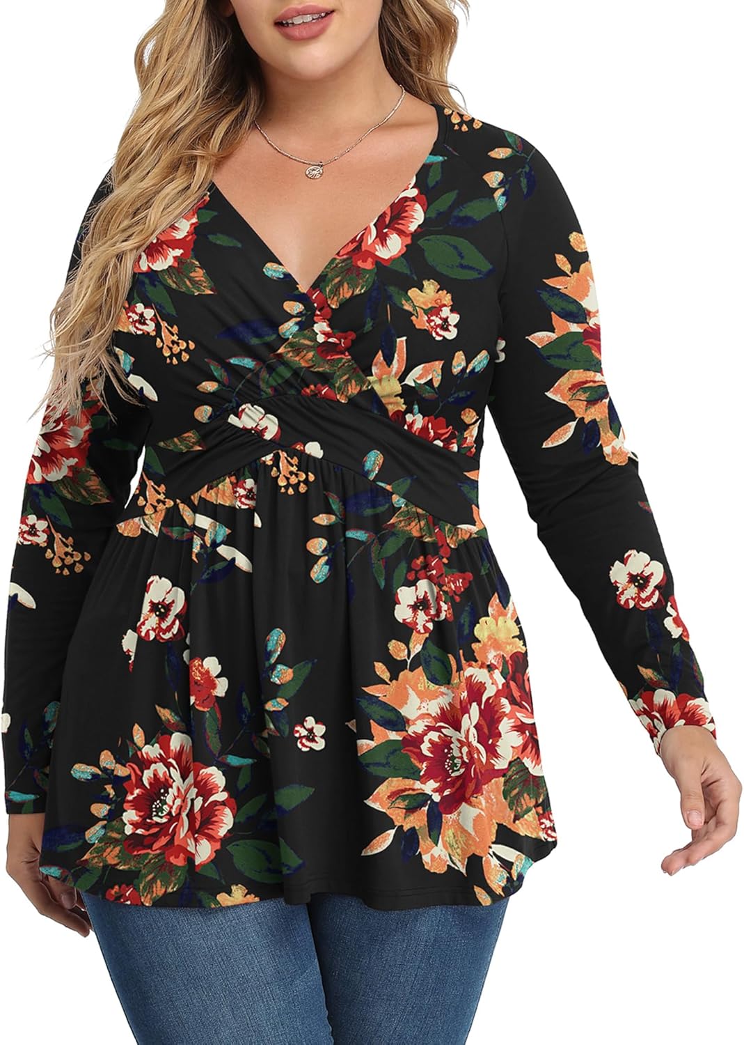 TIANZHU Women's Plus Size V Neck Long Sleeve Tunics Tops Lightweight Blouse Dressy Casual Top Ruched Trendy Clothes