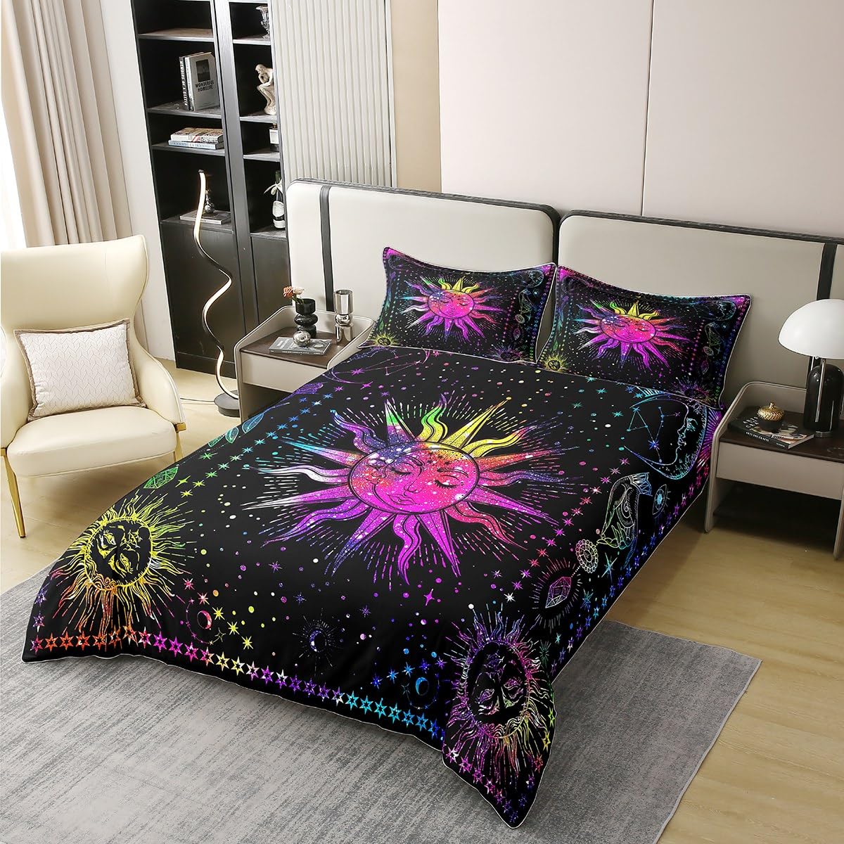 100% Cotton Boho Sun Moon Duvet Cover Double,Rainbow Tie Dye Picnic Bedding Set,Colorful Psychedelic Galaxy Comforter Cover,Starry Night Trippy Celestial Constellation Bed Sets with 1 Pillow Case - Image 2