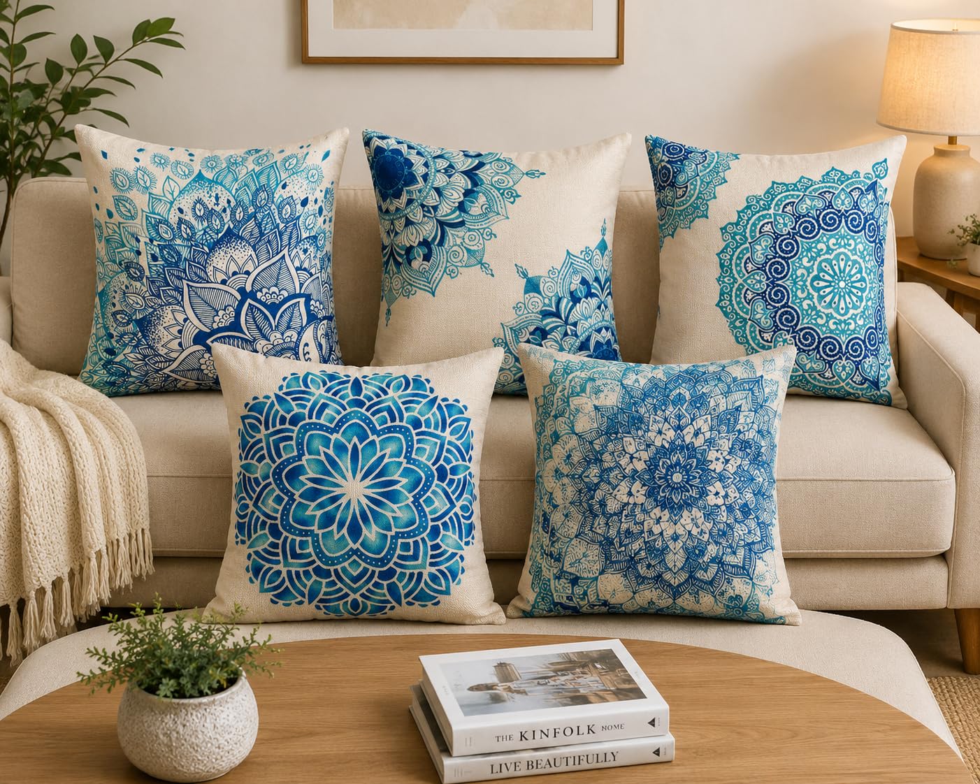 Home9ine Premium Jute Digital Printed Cushion Pillow Cover, Set of 5 (16x16 Inch, Multi-Mandala)-image-18