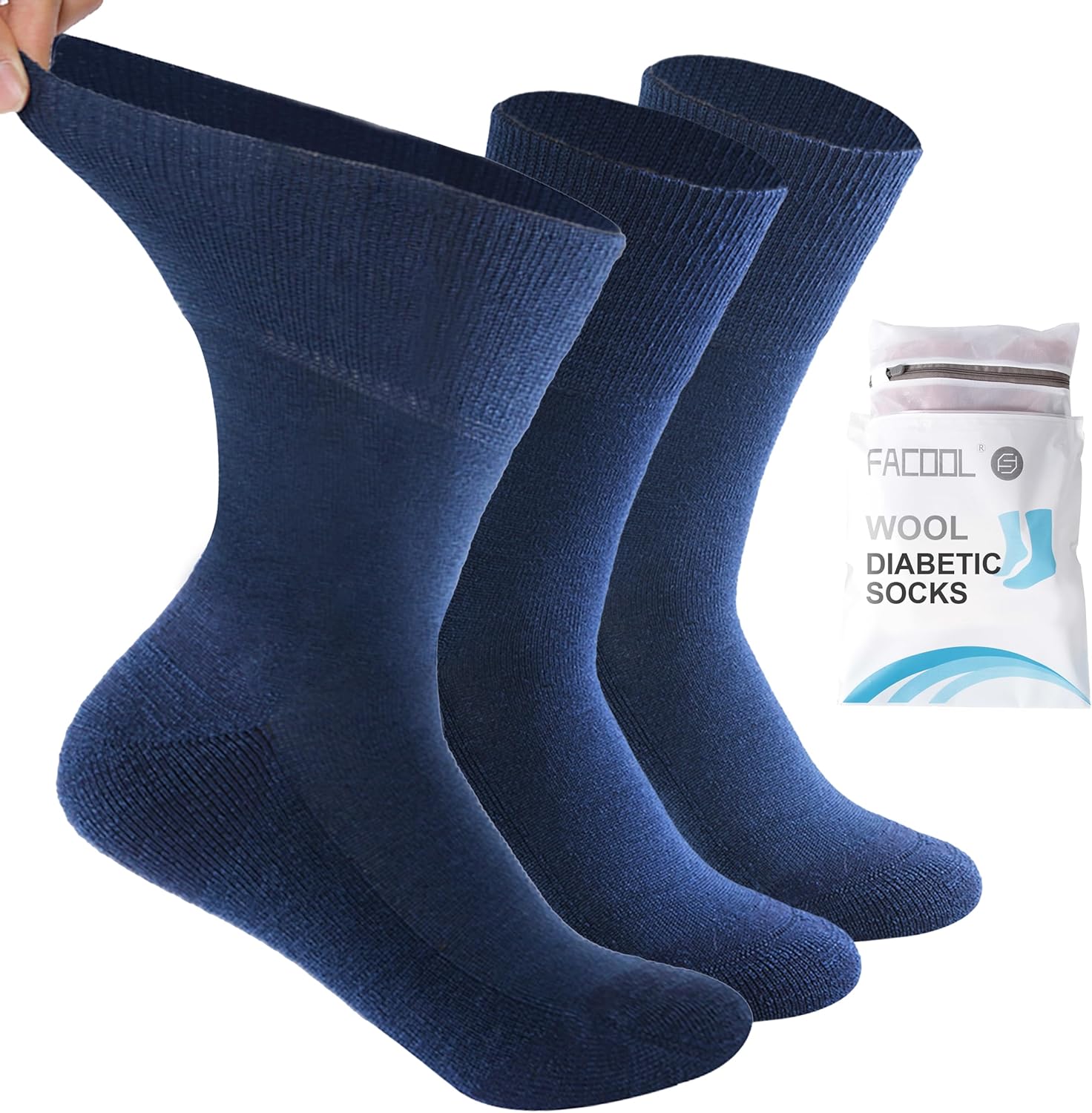 Facool Diabetic Socks for Men Women, Merino Wool Non-Binding Top Crew Socks with Cushion Sole, Seamless Toe 3 Pairs