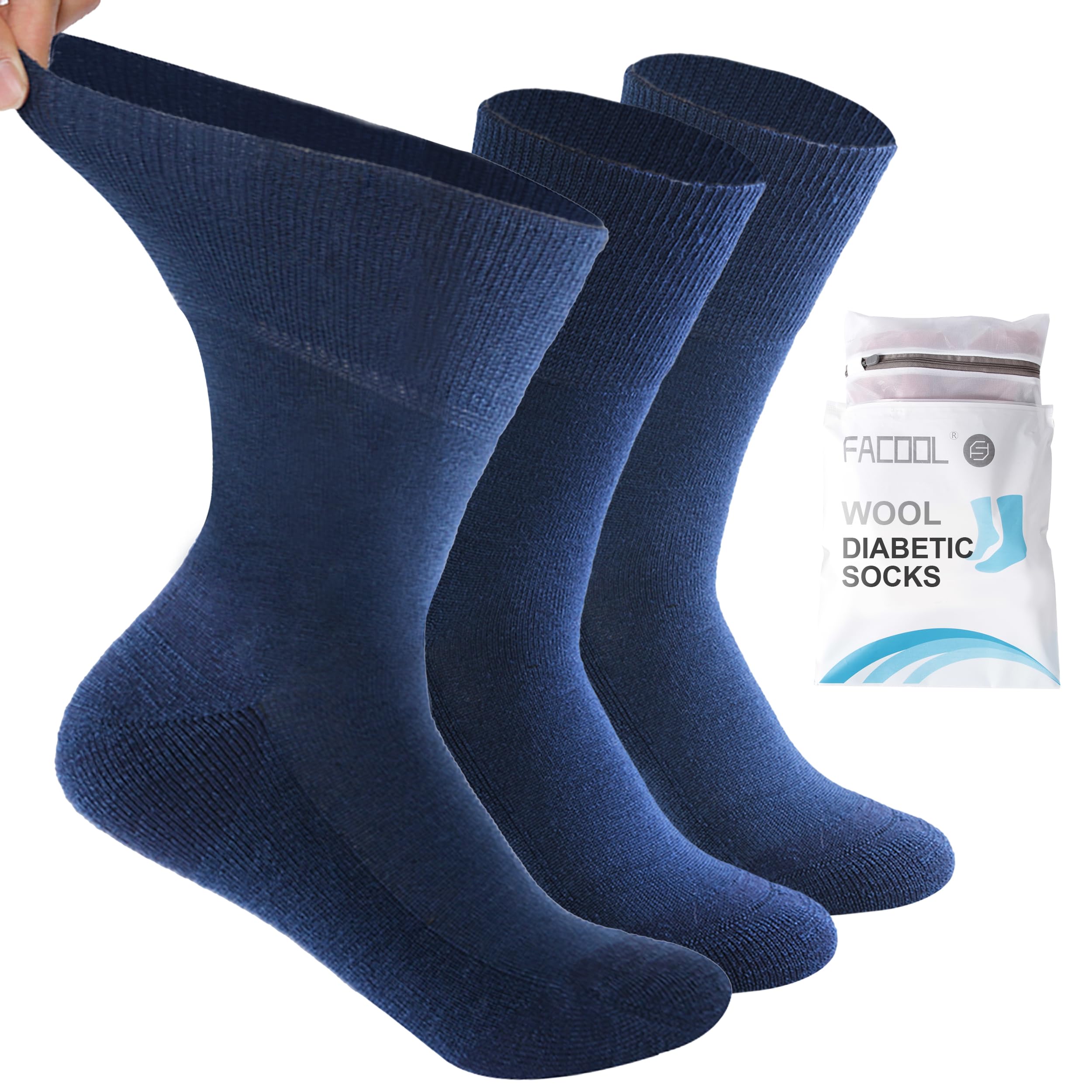 Facool Unisex Navy Blue X 3 Wide Crew Socks, Men's Women's Merino Wool Non-Binding Loose Top Non Slip Diabetic Neuropathy Performance Socks With Seamless Toe(Big And Tall Available), 3 Pairs Navy Blue Medium