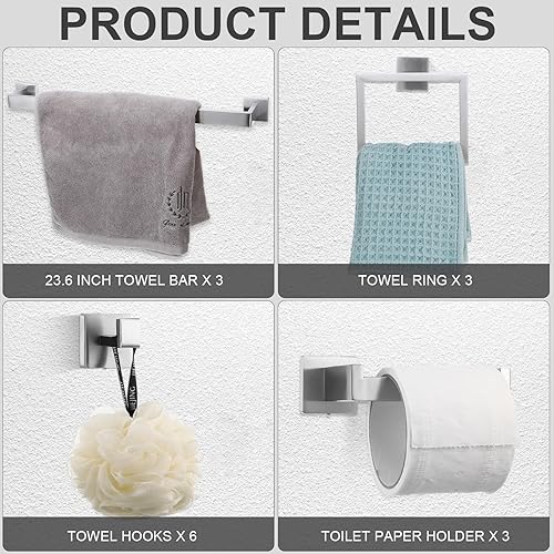 Miniatura 3 de Juego de accesorios de baño de 15 piezas, kit de barra de toalla de baño de 23.6 pulgadas, juego de accesorios de baño de acero inoxidable,