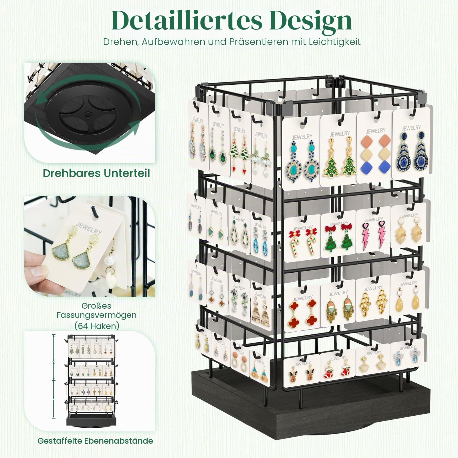 EsLuker.ly Rotierender Ohrringständer Ohrringe Aufbewahrung Ohrringhalter Organizer für Verkäufer, Ohrringkarten Schmuckaufbewahrung Earring Rack Display Stand mit 64 Haken, Schwarz