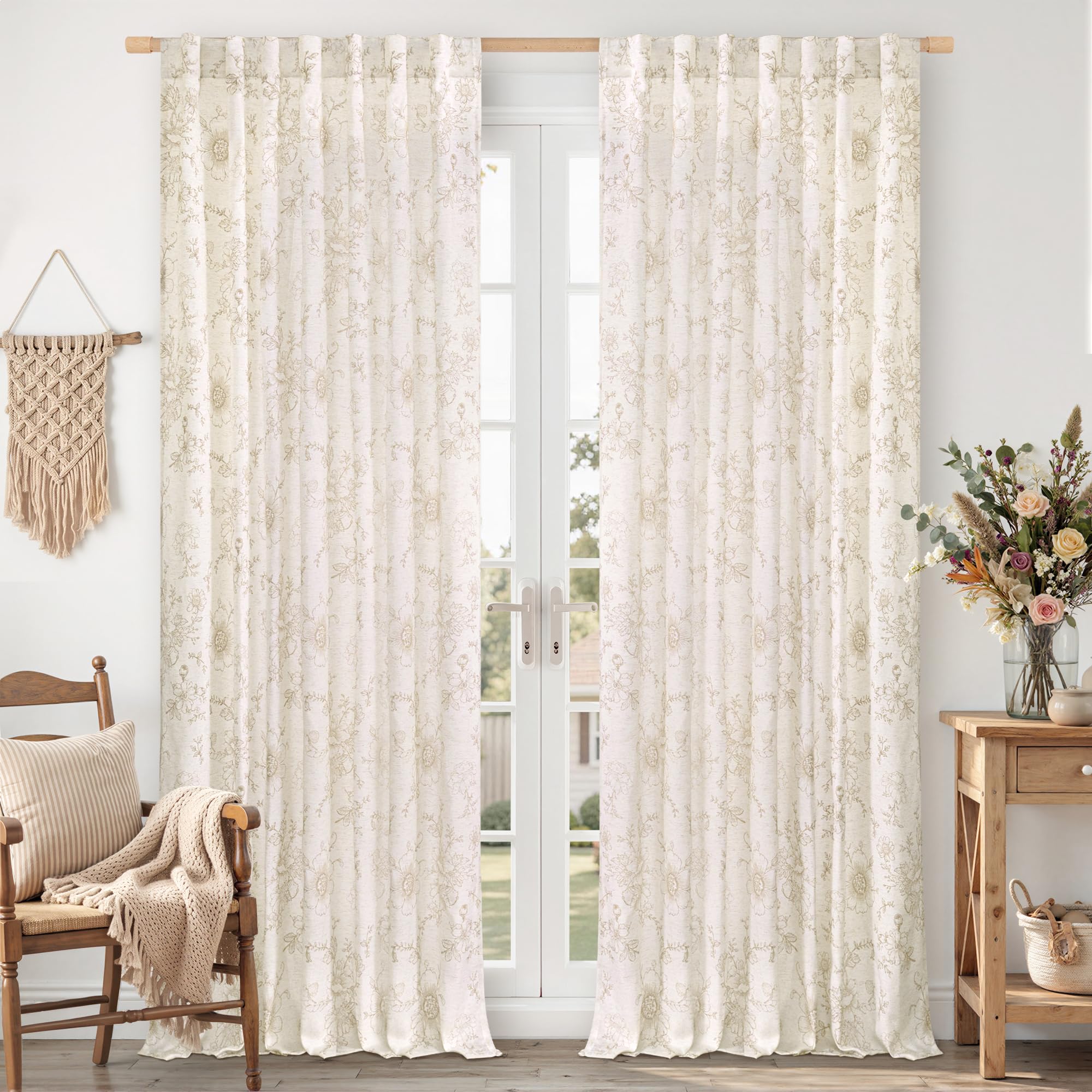 Vintage Floral Linen Curtains - 84 Inch Panels -31