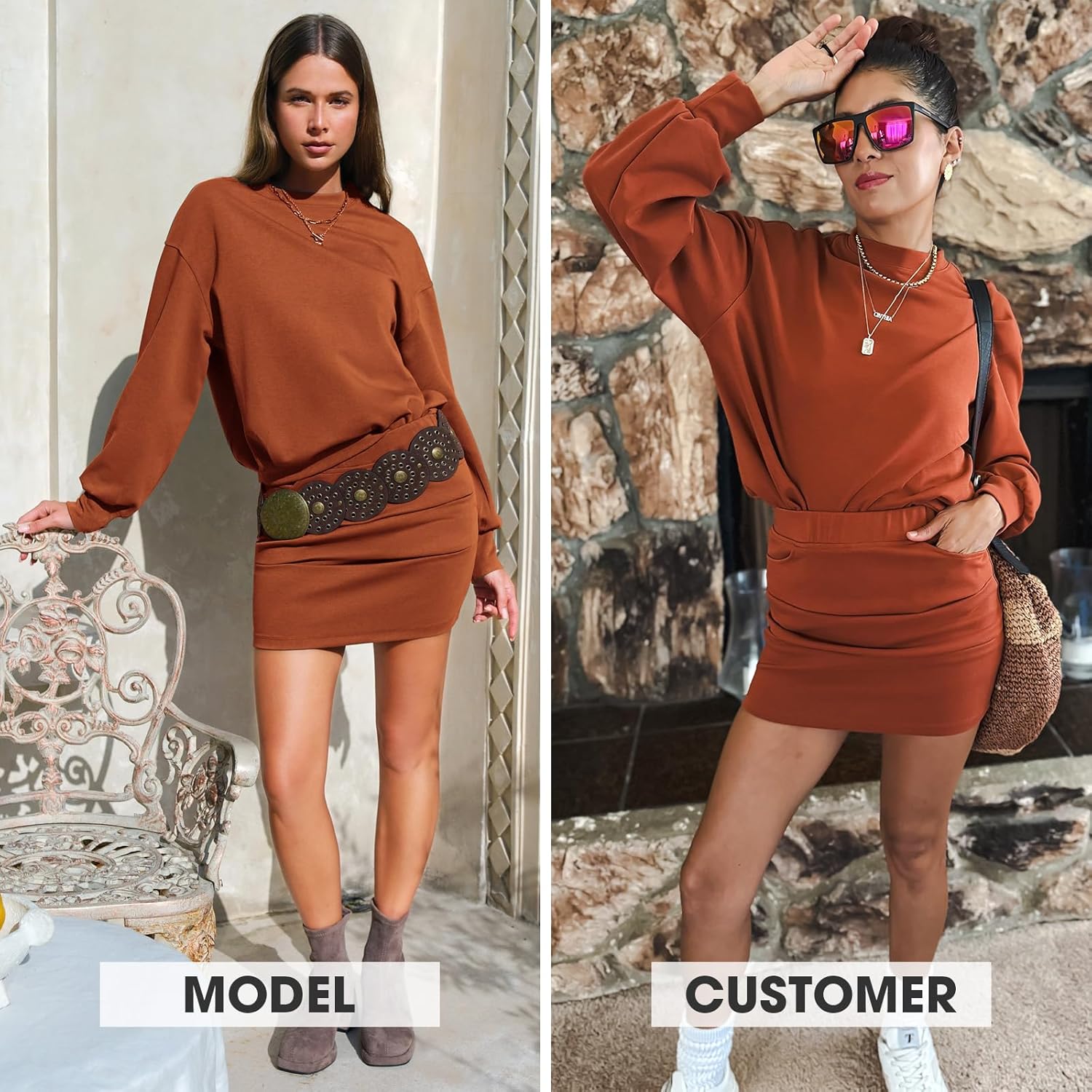 EXLURA Womens 2 Piece Skirt Sets Long Sleeve Mock Neck Sweatshirt Skort Matching Set Casual Airport Travel Spring Outfits - Image 2
