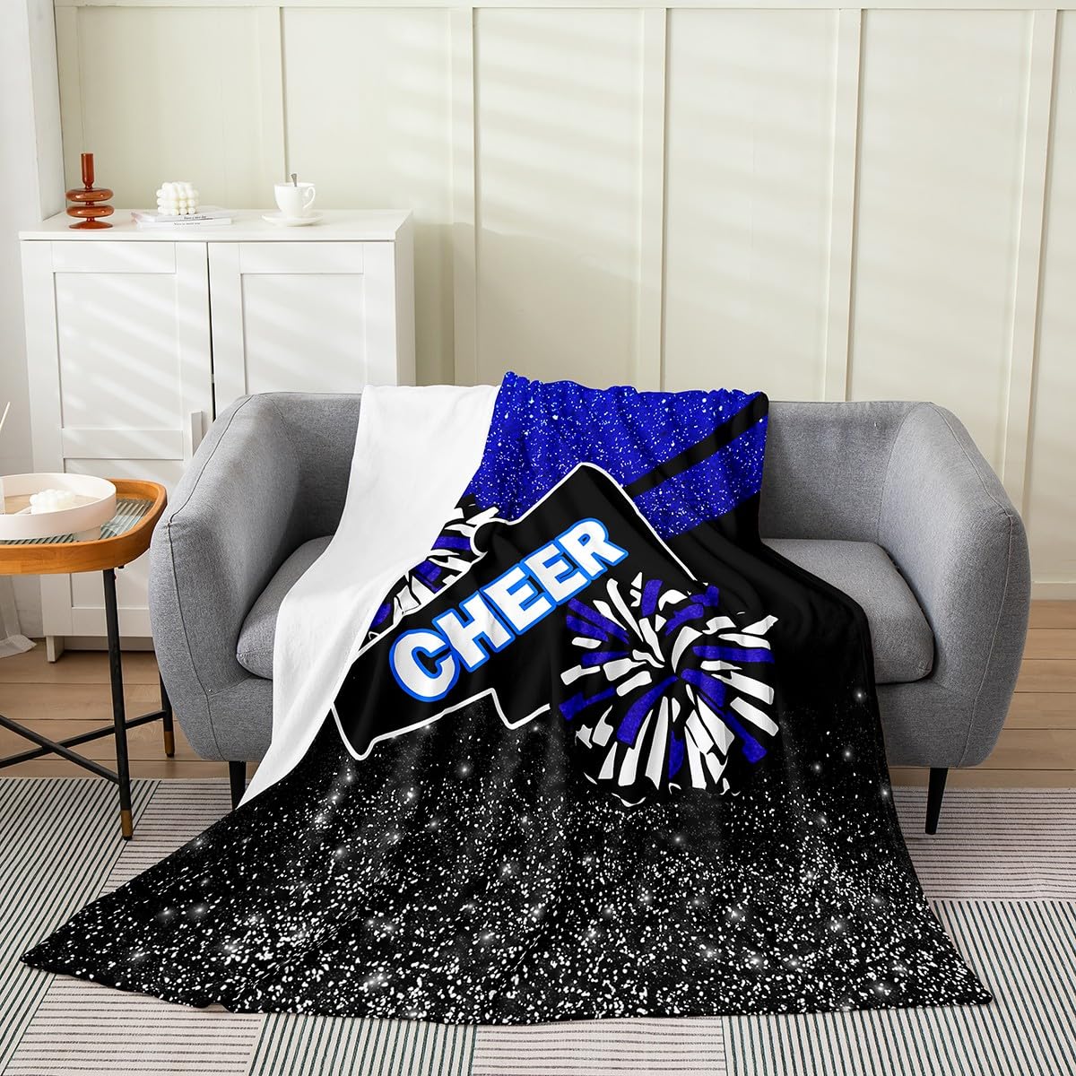 Feelyou Cheers Flannel Fleece Throw Blanket Kids,Cheerleading Glitter Print (No Glitter) Blue Fuzzy Blanket for Bed Sofa Couch,All Season Sports Theme