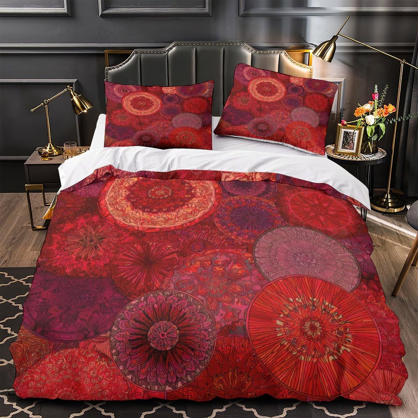 MMDASBVPE Red Circular Patterns Comforter Cover 3D Print Anti-allergic 3PCs Bed Linen Hidden Zipper Quilt Cover Ultra Soft Breathable for Teens Youth Adults Women Kids Boys Single（140x200cm）