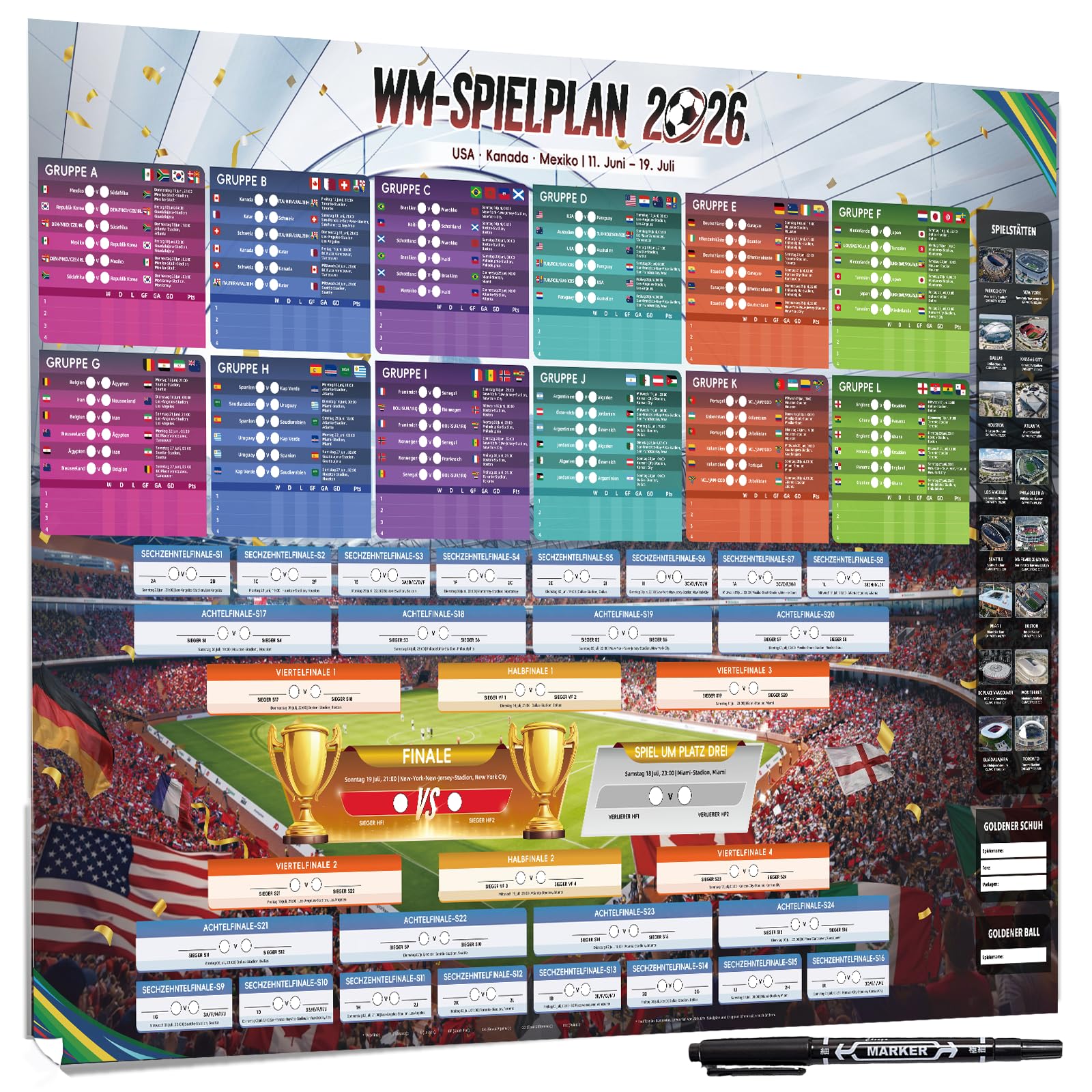 AhfuLife WM Spielplan 2026 Poster für Deko Fußball WM 2026 - Groß Fussball Planer 100 x 70cm - Enthält 42 Mannschaften Gruppen Knockout und Finale alle Ergebnisse der Spiele