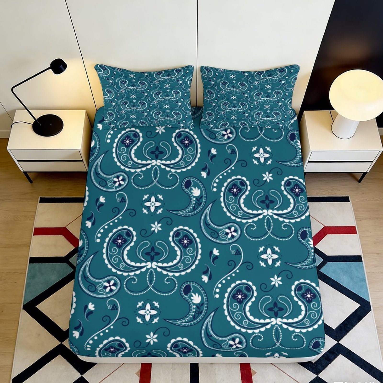 3D Printed Teal Paisley Fitted Sheet Microfiber Soft Non-slip Mandala Bed Sheet for Bedroom Guest Room Decor 90x200x25cm