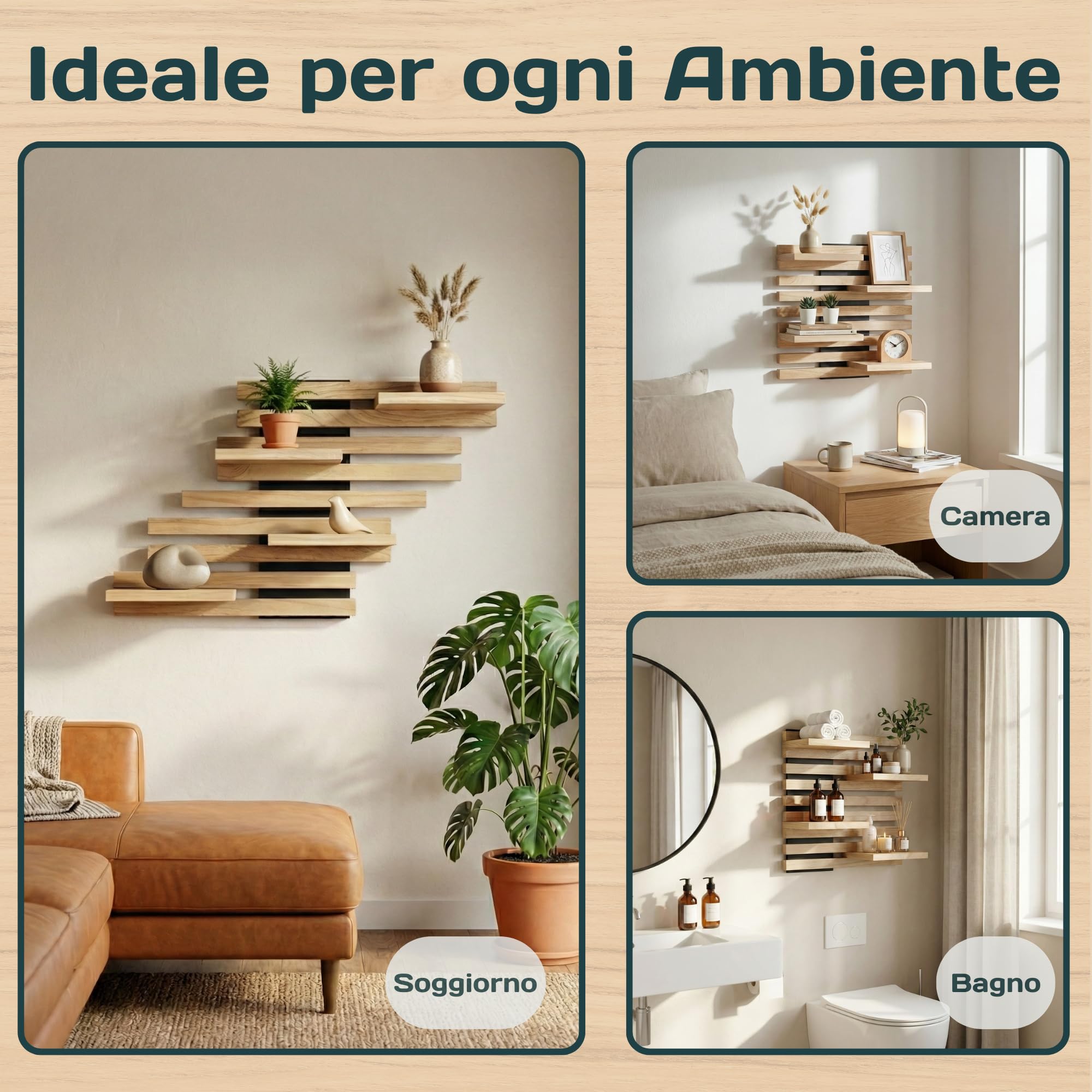 Mensola da Muro in Legno Massello, Scaffale da Parete Sospesa Design per Salotto, Cucina e Bagno, Mensole Moderne per Libreria (Nero)