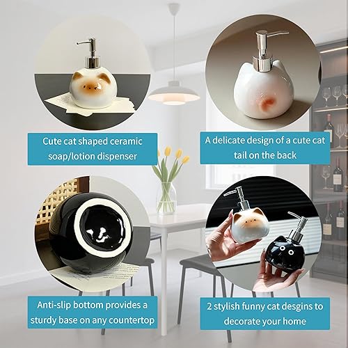 Miniatura 4 de Dispensador de jabón de cerámica para gatos con bomba de acero inoxidable, perfecto para jabón de platos, jabón líquido, dispensador de jabón de