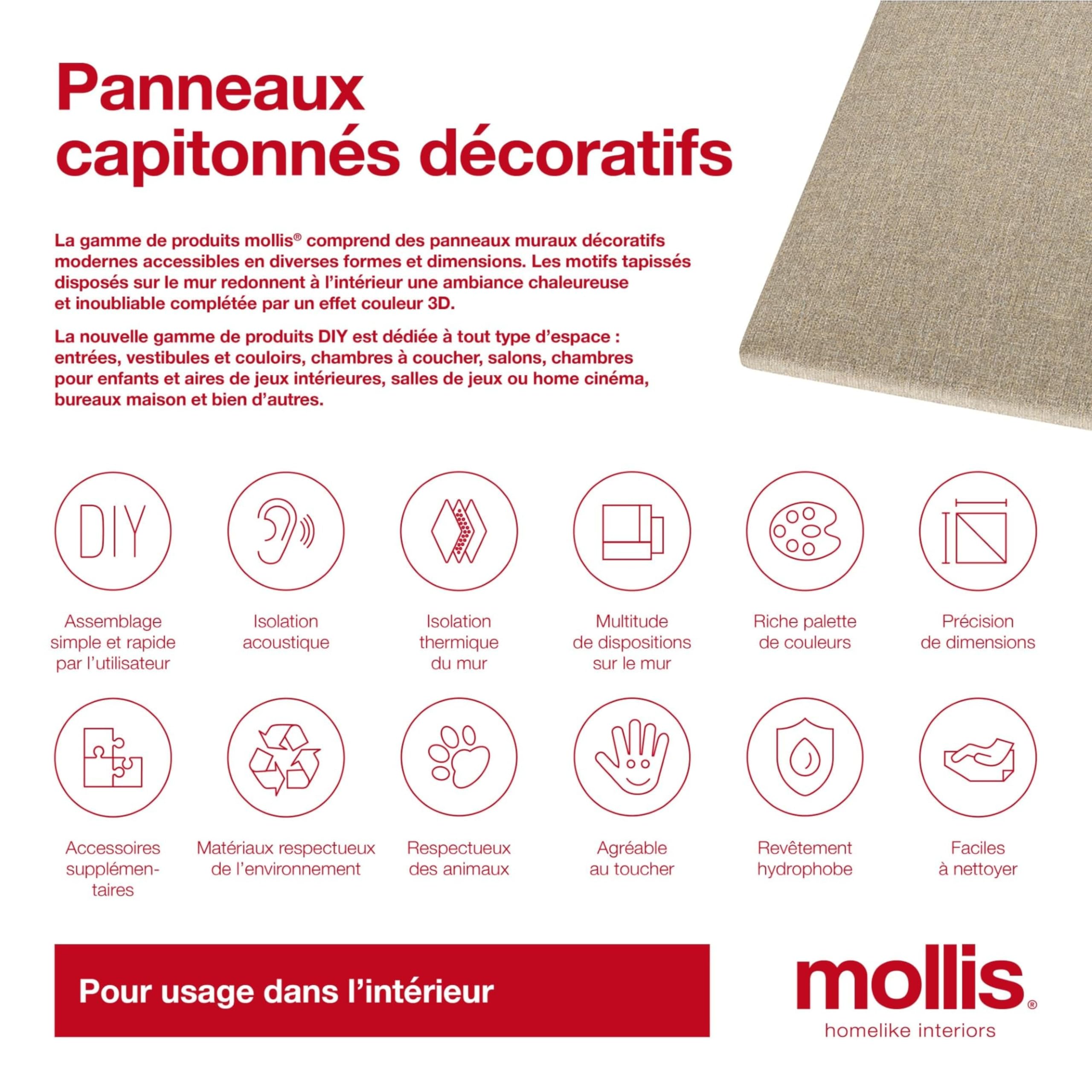 Mollis Lot de 4 panneaux muraux rectangulaires décoratifs comme tête de lit ou protection contre les impacts, en mousse, 60 x 30 cm, beige clair