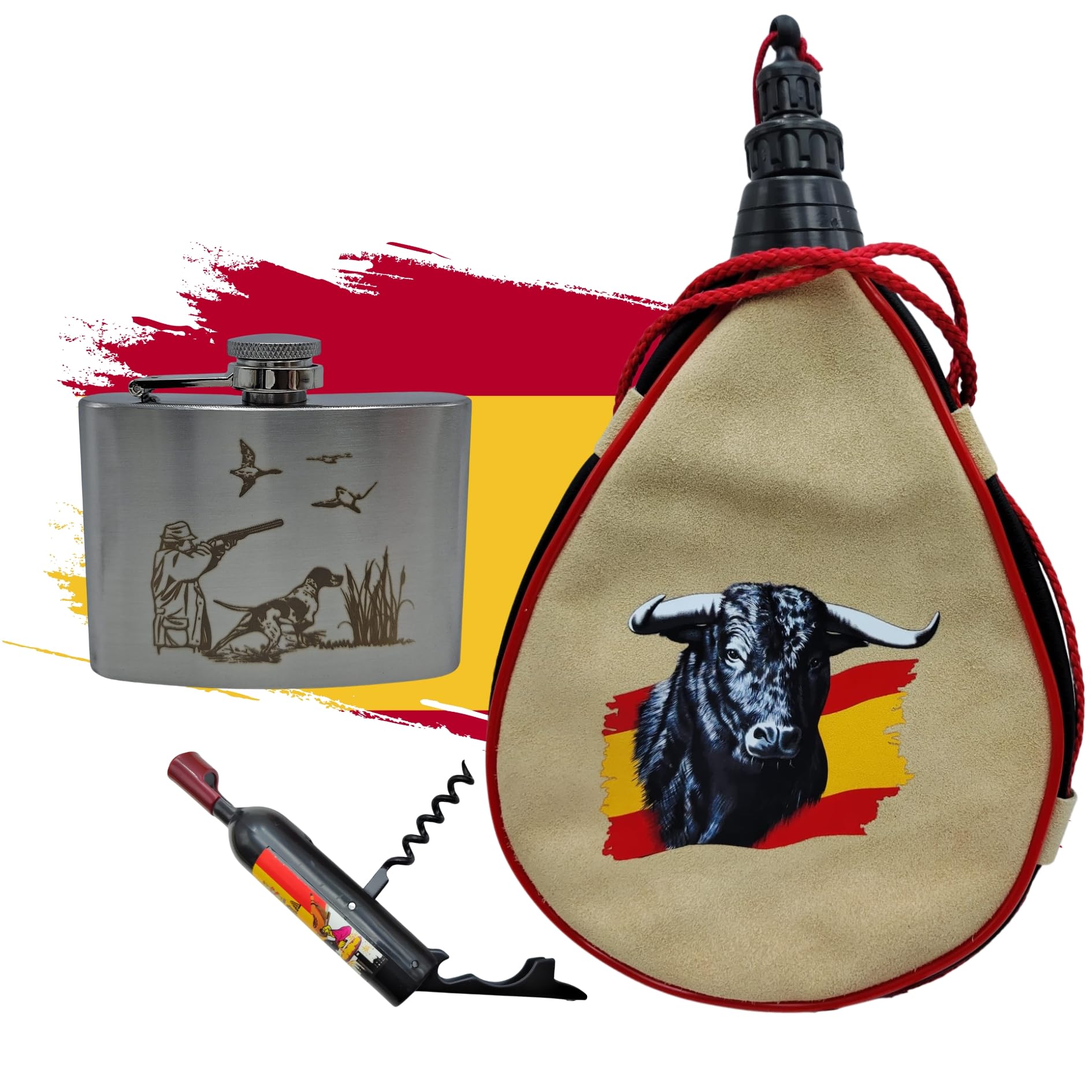 Pack Bota De Vino 1,5 L Taurina + Petaca con Grabado Cazador de 118 ml Jabalí De Acero Inoxidable Y Sacacorchos Con Imán | Regalo Para Caza Y Campo (Cazador)