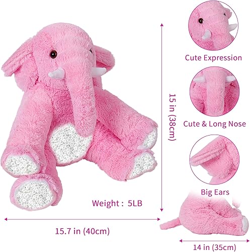 Miniatura 2 de Animales de peluche de elefante con peso, 5 libras, almohada gigante de elefante de 16 pulgadas para niños y niñas, Navidad (rosa)