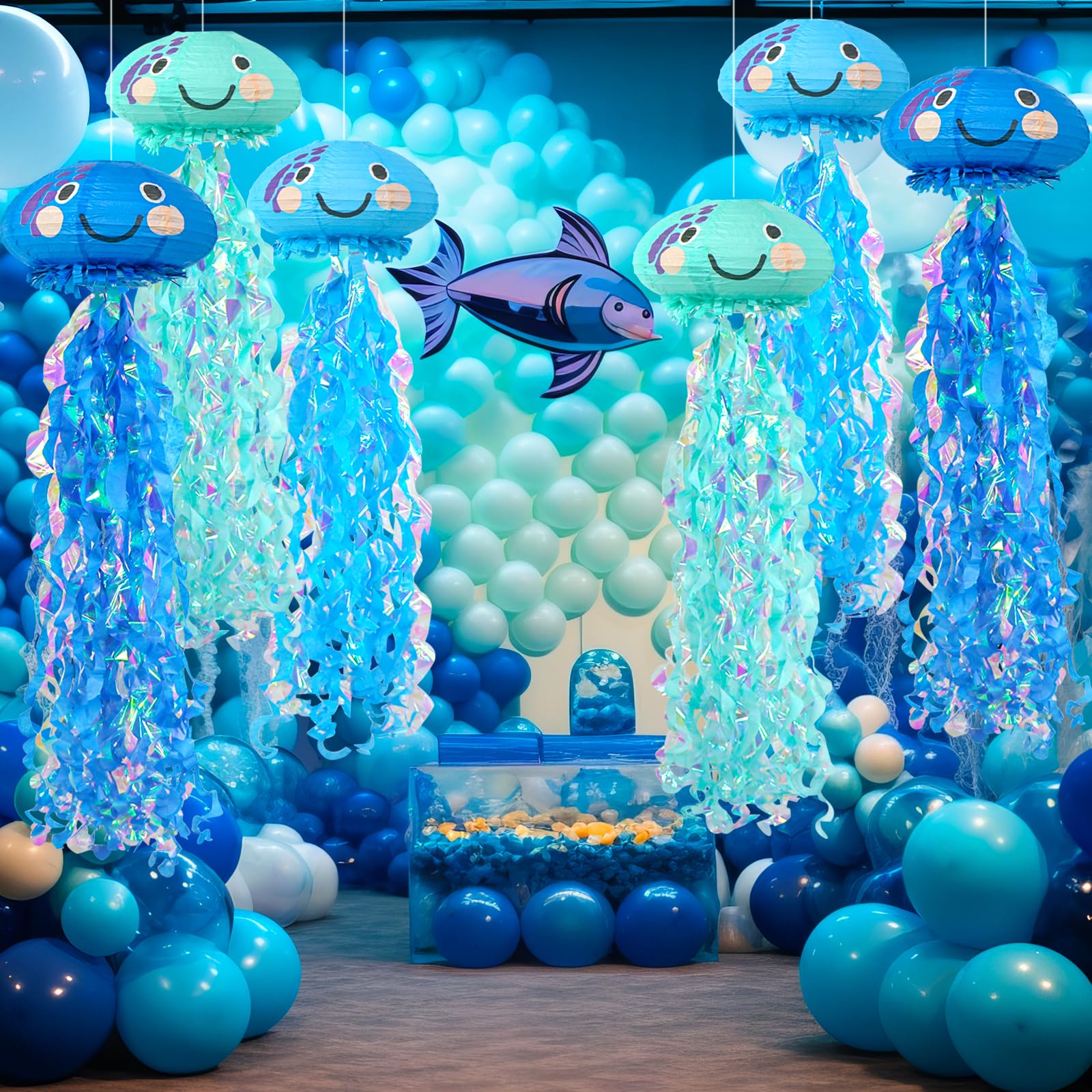 ADLKGG Blue Jellyfish Paper Lanterns, Under The Sea Party Decorations, Hanging Smile Face Jelly Fish Paper Lanterns for Mermaid Theme Party Ocean Birthday Decorations Baby Shower Classroom Decor