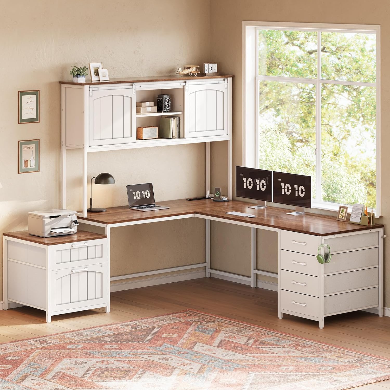 SEDETA Farmhouse Reversible L-Shaped Desk with 6 Drawers, Power Outlet, Hutch & File Cabinet - White Corner Home Office Desk for Two