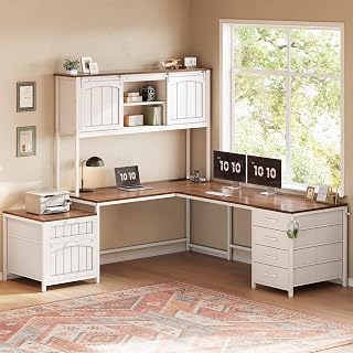 SEDETA Farmhouse Reversible L-Shaped Desk with 6 Drawers, Power Outlet, Hutch & File Cabinet - White Corner Home Office Desk for Two