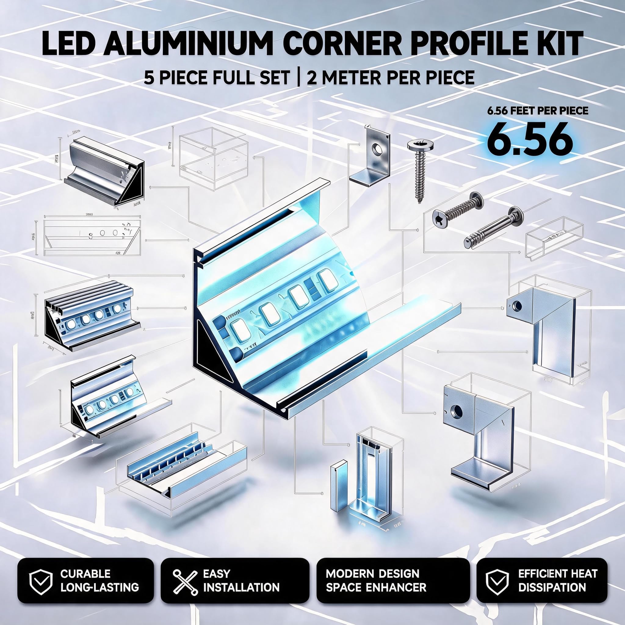 10x 2m LED Alu-Eckprofil (20m Set), 15,8x15,8mm, Silber mit milchweißer Abdeckung, für LED Streifen bis 10,1mm – indirekte Eckbeleuchtung für Wohnraum, Treppenhaus & Flur