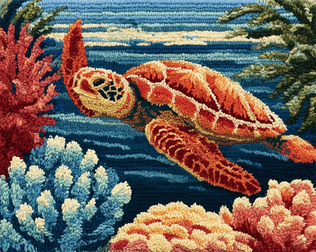 FWRTYCB 3D Latch Hook Rug Kit Sea Turtle and Colorful Corals Grass