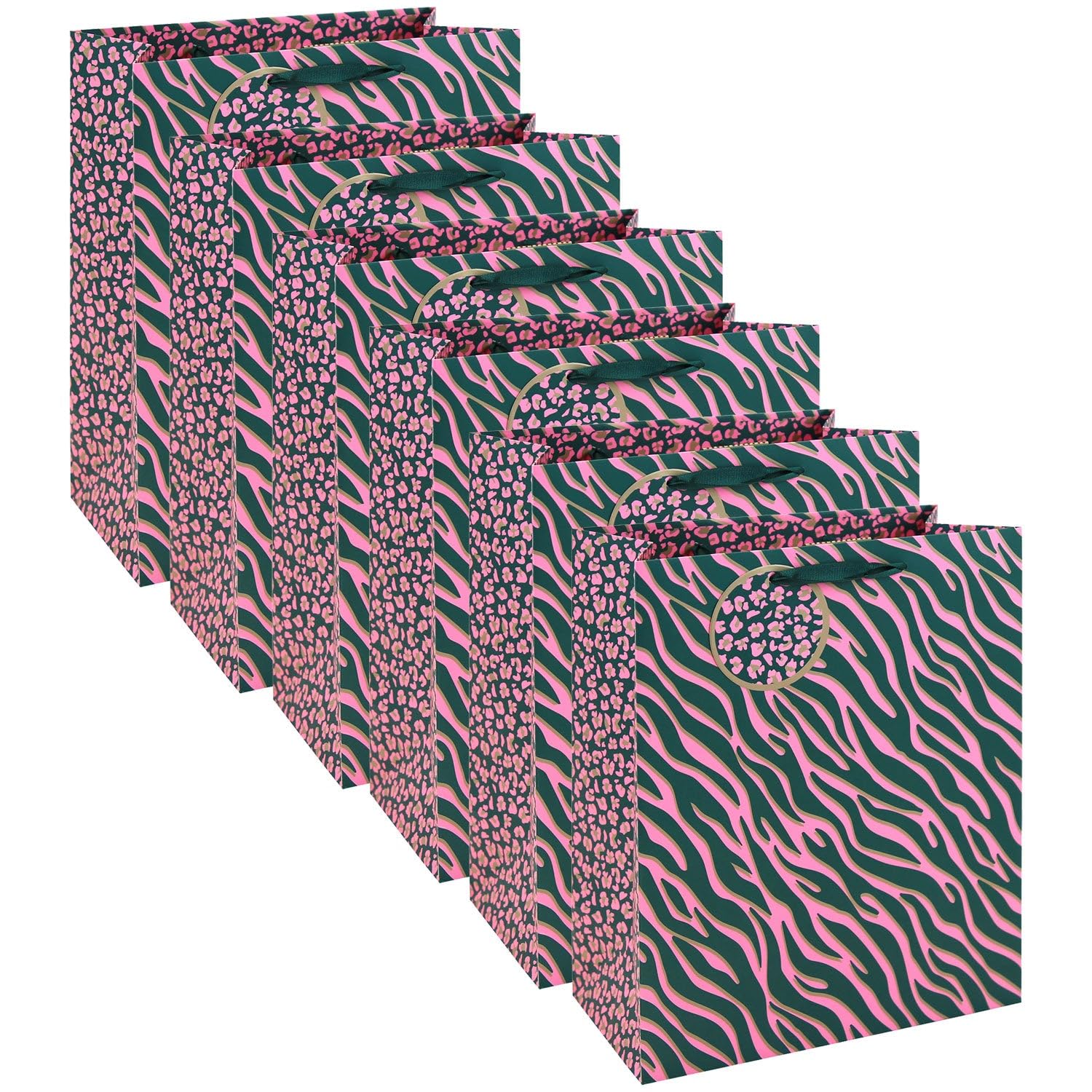 Eurowrap Leopard Print Pink Large Gift Bags Pack of 6 with Ribbon Handles and Matching Gift Tags, Gift Bags for Birthdays