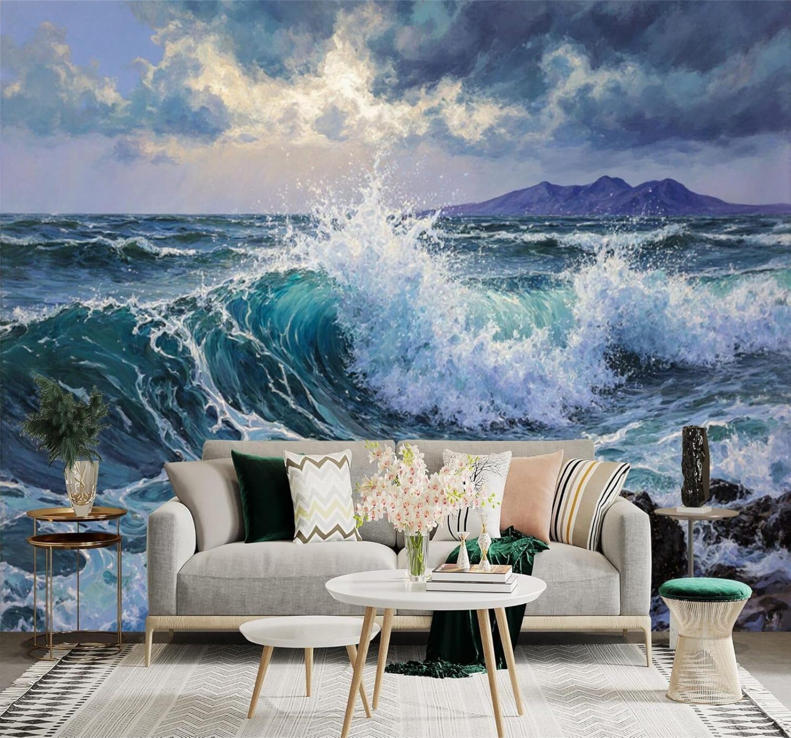 Xlming 350Cm×256Cm(B×H) Waves Crashing Against Rocks Mountains In The Distance Cloudy Sky Seascape 3D Wallpaper Silky Texture Home Study Office Grey Dining Room Sofa Bedroom Living Room Tv Backdrop-350Cm×256Cm