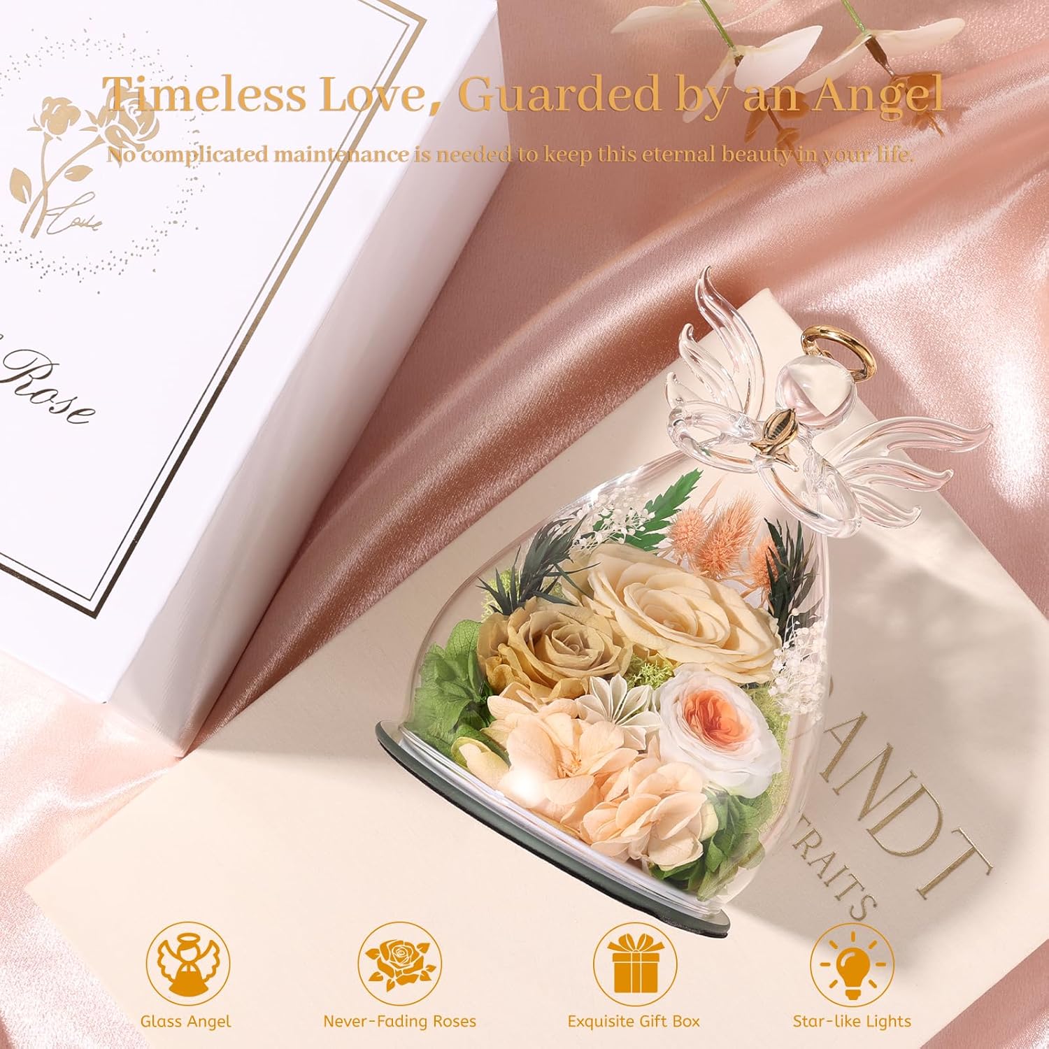 Valentines Day Gifts for Her Women Flowers for Delivery Birthday Gifts for Mom Grandma Preserved Rose Forever Flower in Glass Angel Figurines Bouquet Anniversary for Wife Sister Mother Friends - Image 3