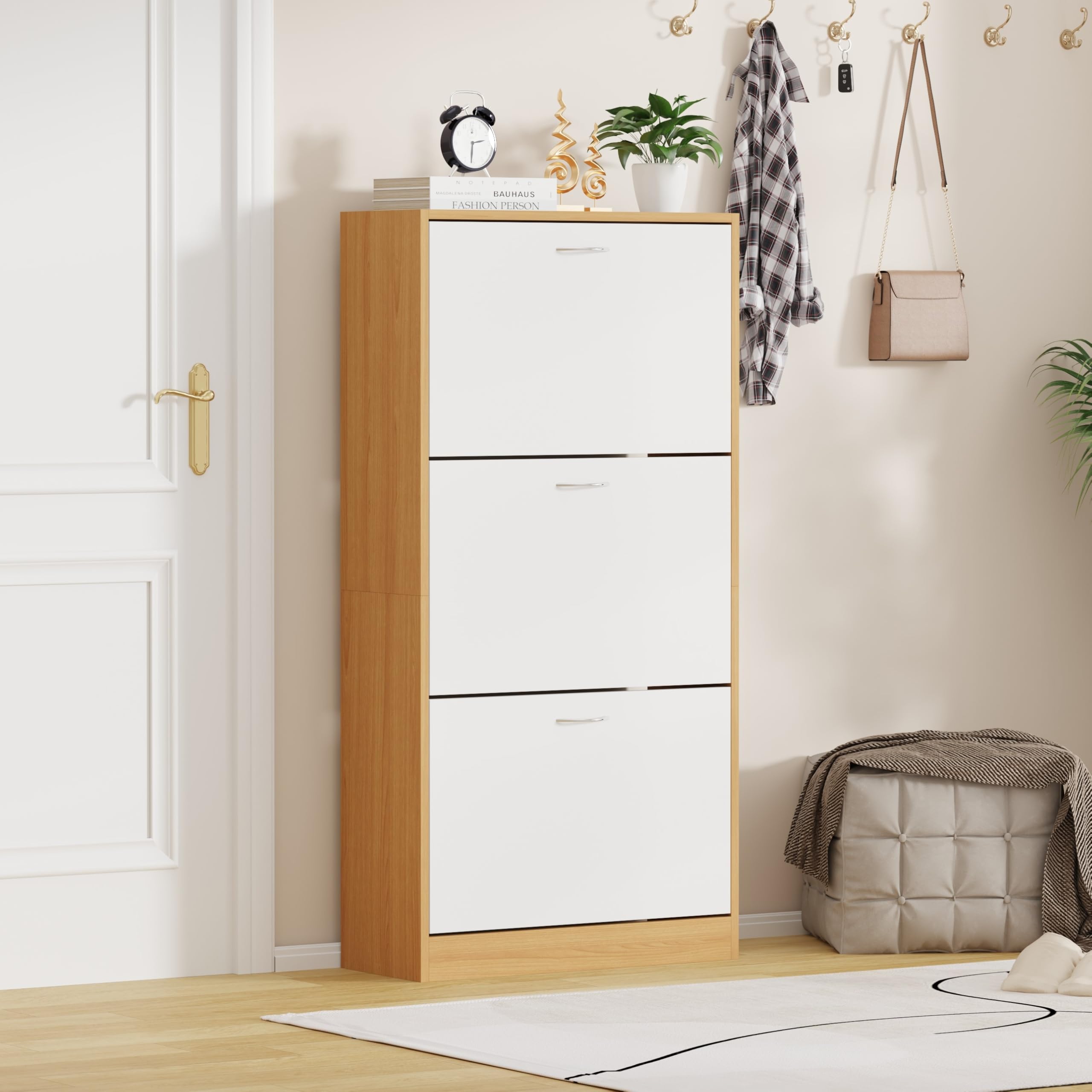 AVC Designs 3 Drawer Grey White Pine Shoe Storage Cabinet Cupboard Rack Space (Pine & White)
