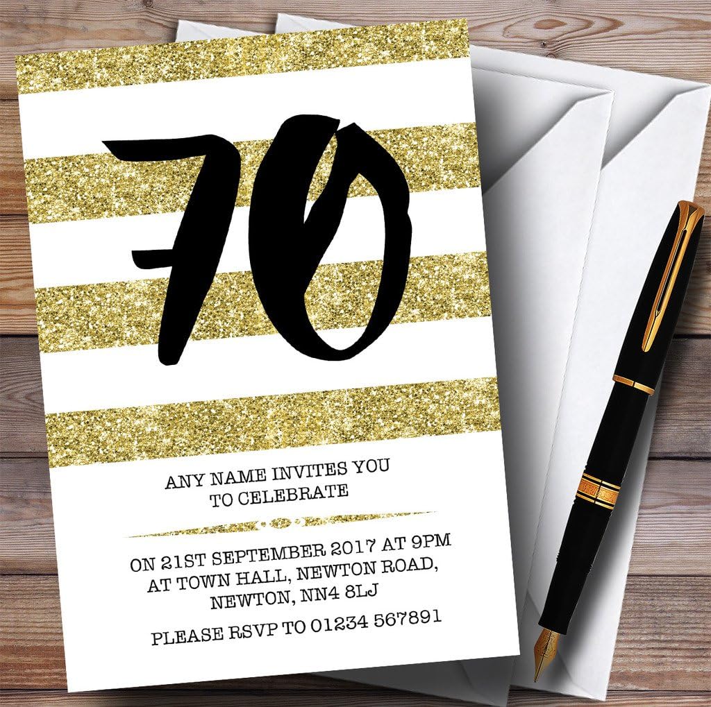 Glitter Gold & White Striped 70th Personalized Birthday Party Invitations