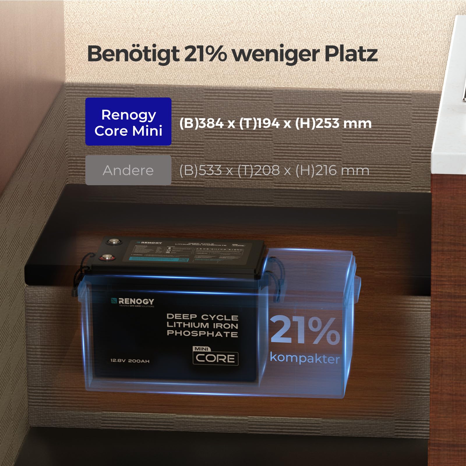 Renogy 12V 200Ah Core Mini LiFePO4 Lithium-Eisenphosphat-Batterie, Verbessertes 200A BMS 5000 Zyklen Kälteschutzfunktion Lithium Akku für Wohnmobile Solaranlage Wohnwagen Boot Camping Off-Grid-System