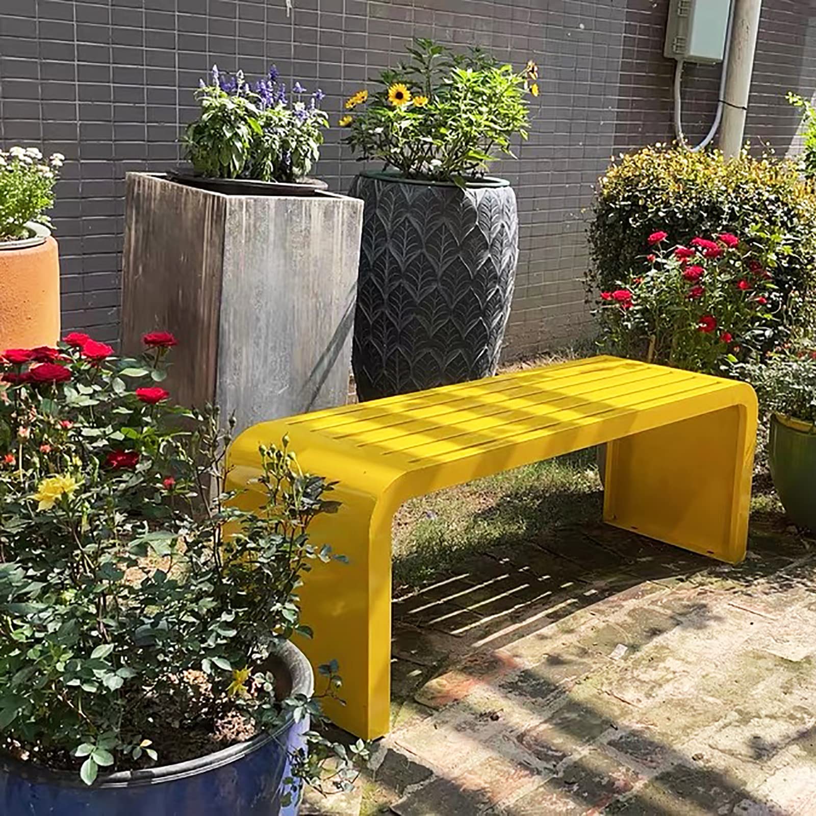 Banco de metal impermeable para exteriores, sin respaldo, para todo tipo de clima, asiento de jardín para porche, parque, entrada, 47.2 x 15.8 x 17.8 pulgadas, elegante diseño rojo