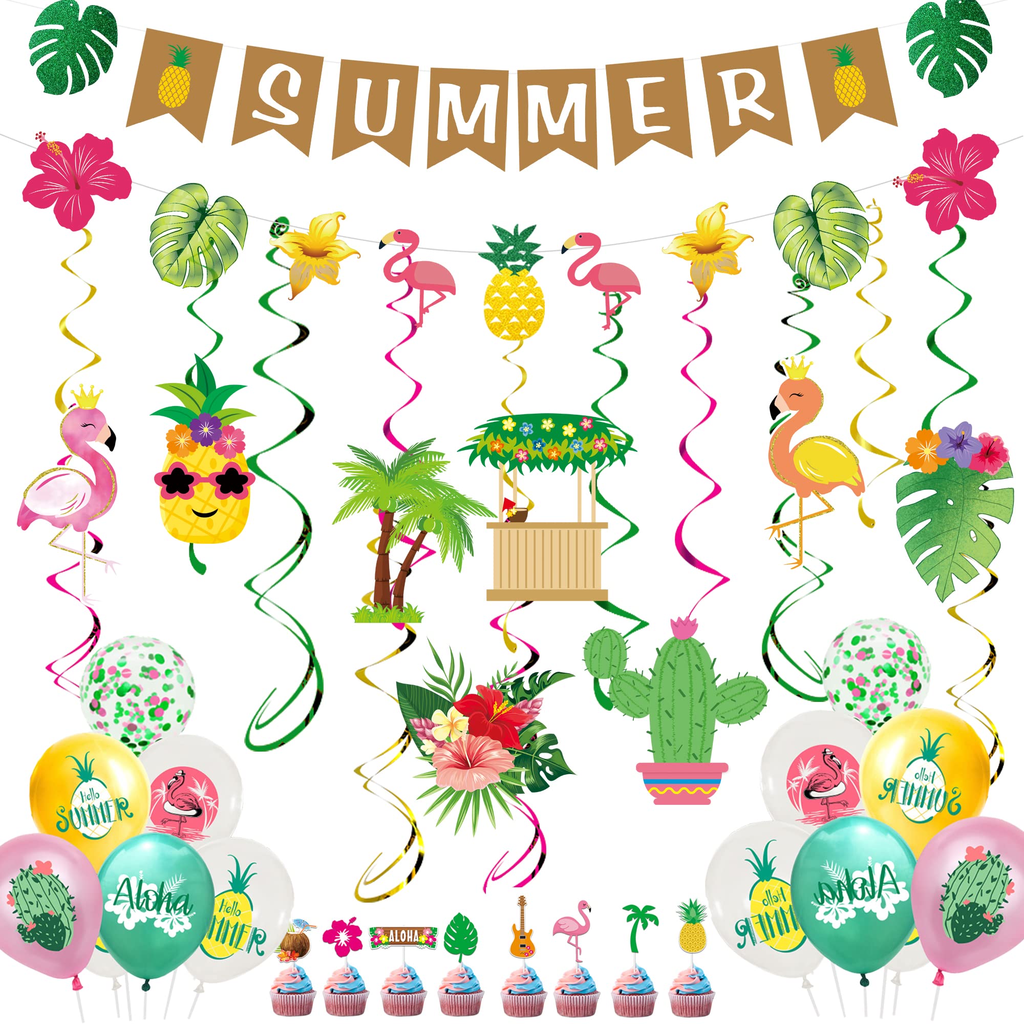 Buscando Hawaiian Tropical Party Decorations - Hanging Swirl Summer Decorations Hawaiian Bunting Banners Balloons Summer Holiday Beach Aloha Garden Birthday Party Decorations Home Decor