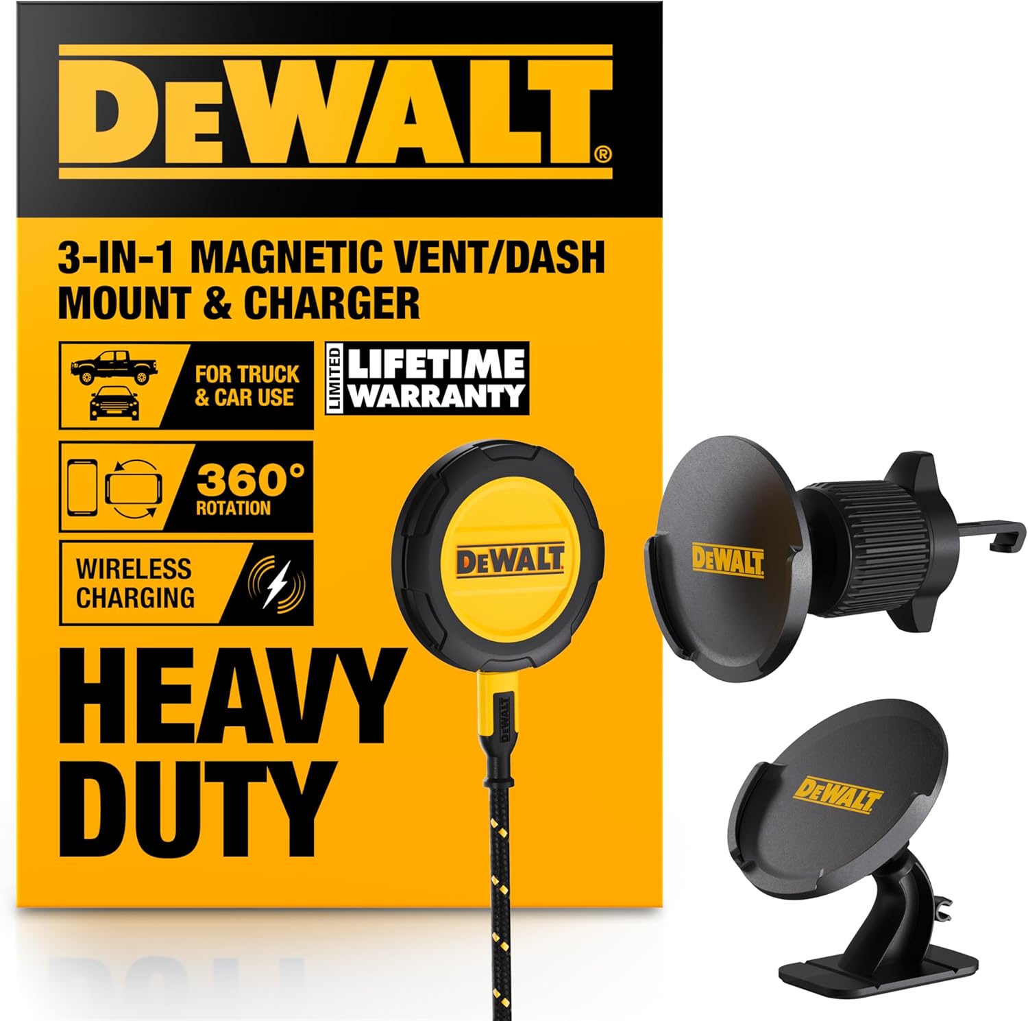 DEWALT Magnetic Phone Holder for Car Kit, Heavy Duty Wireless Charger, Vent Mount, Dash Mount, Charging Mounted Holders Cell Phone Holders for Your Car Accessories for Women Men for iPhone 17 16 15 14