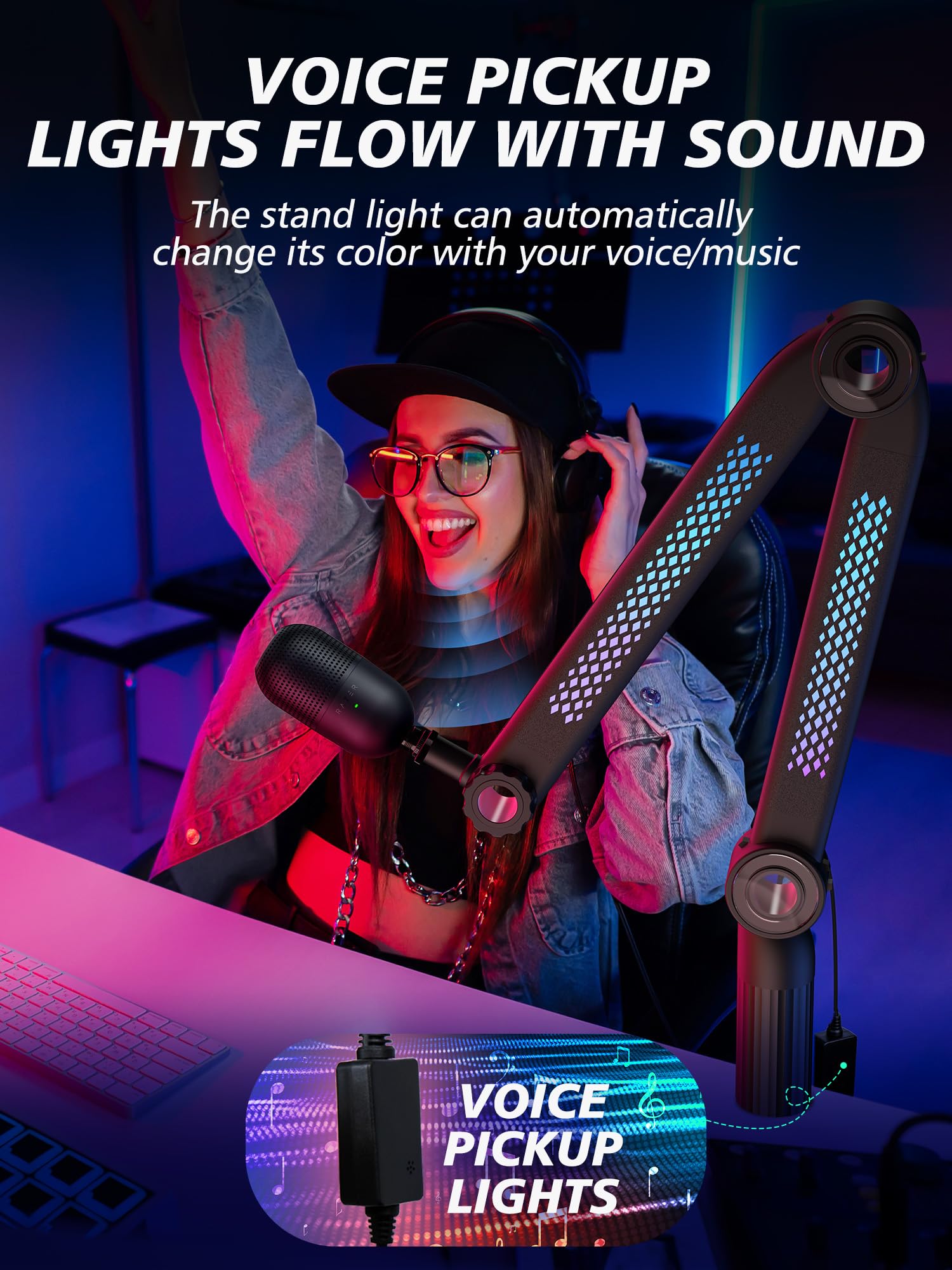 Ramię mikrofonu RGB, stojak mikrofonowy, ramię biurkowe, kompatybilne z mikrofonem HyperX, mikrofonem Shure MV7 i SM7B, niebieskim mikrofonem Yeti, mikrofonem FIFINE AM8 i mikrofonem Razer,