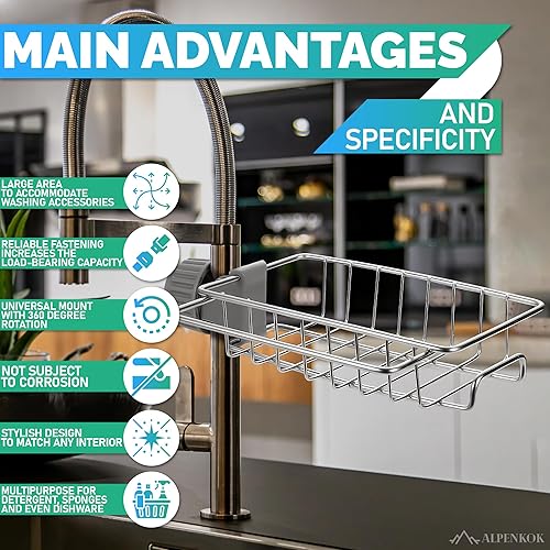 Miniatura 5 de Soporte de esponja para grifo para fregadero de cocina, se adapta a tubo de 0.78 a 0.98 pulgadas de diámetro, elegante organizador de grifos de