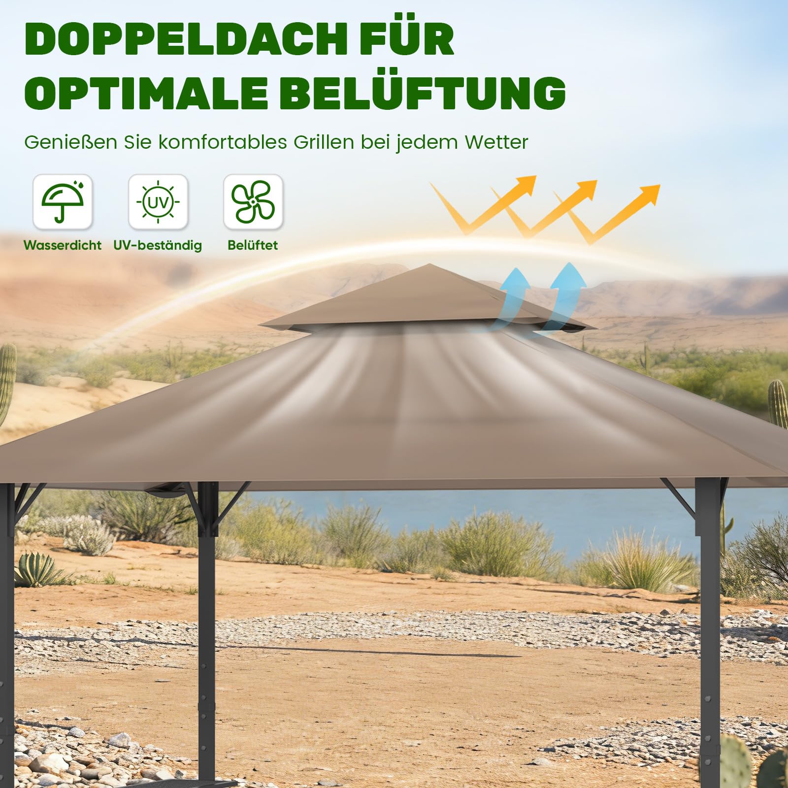 Huracan Grillpavillon mit Doppeldach, Wetterfest Gartenpavillon Grillüberdachung, Gartenlaube mit Seitenregalen, Flaschenöffner & Haken, UV-Schutz Belüftetes Dach, Grillunterstand BBQ Pavillon Party