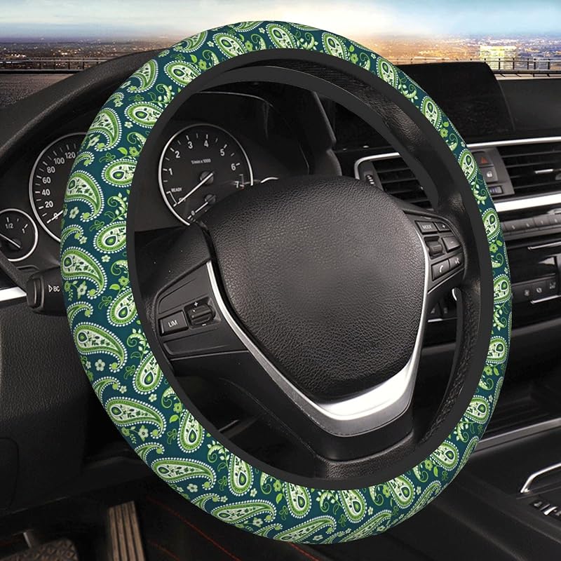 Capa para Volante YISHOW Floral Paisley Verde em Neoprene para Volantes de 36,8 a 39,4 cm