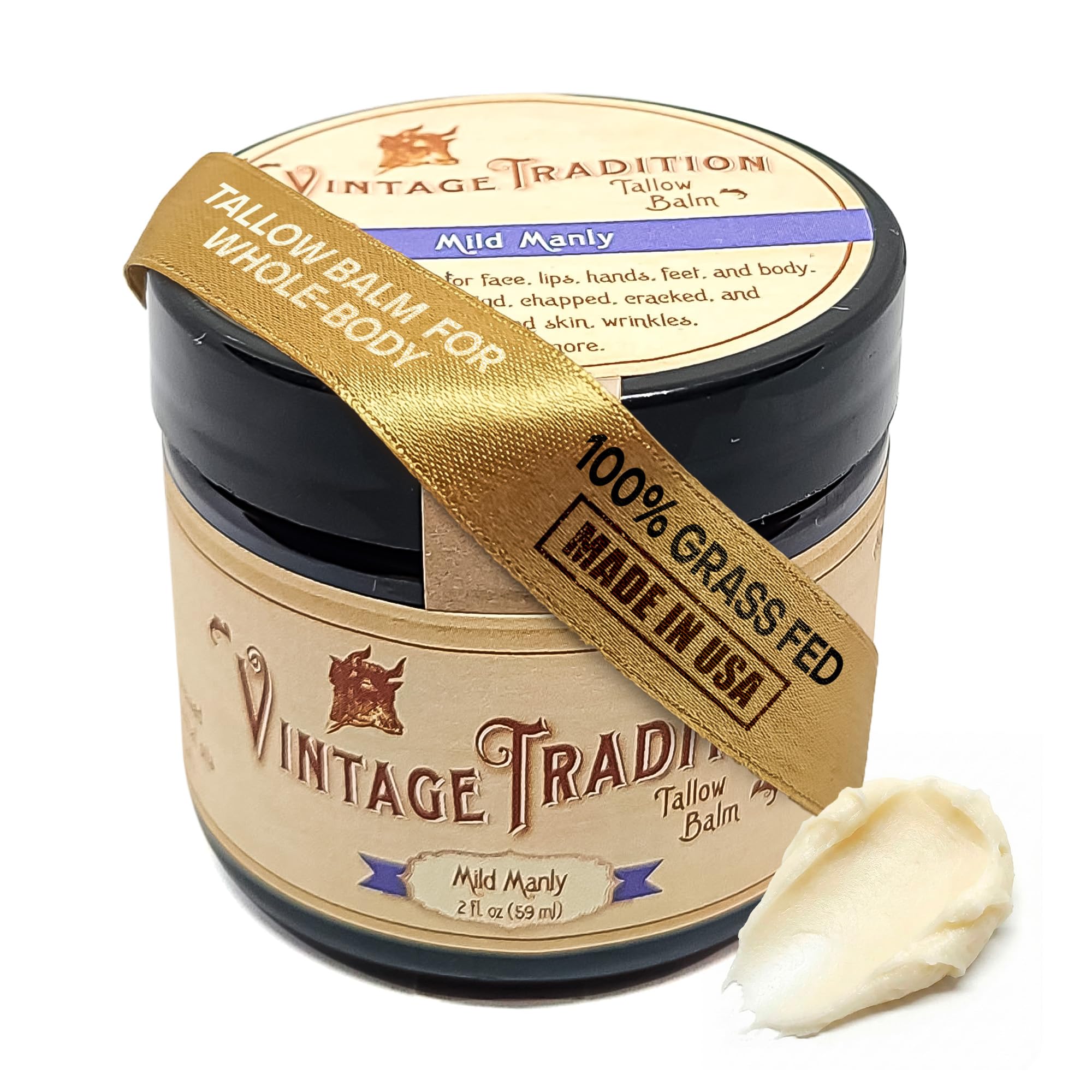 Vintage Tradition Beef Tallow All Purpose Balm - Healing, Hydrating Men’s Skin Care Salve Replaces Body Lotion, Hand Cream, More - Essential Oil, Olive Oil, and Grass-Fed Tallow, 2 fl. oz.