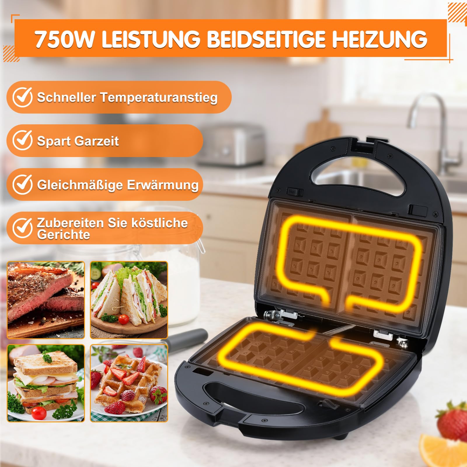 3 IN 1 Frühstücks Sandwichmaker, Elektrisches Waffeleisen | Panini-Grill, Abnehmbare Antihaft-Platten, Für Grillgerichte, Desserts, Waffeln und Sandwiches