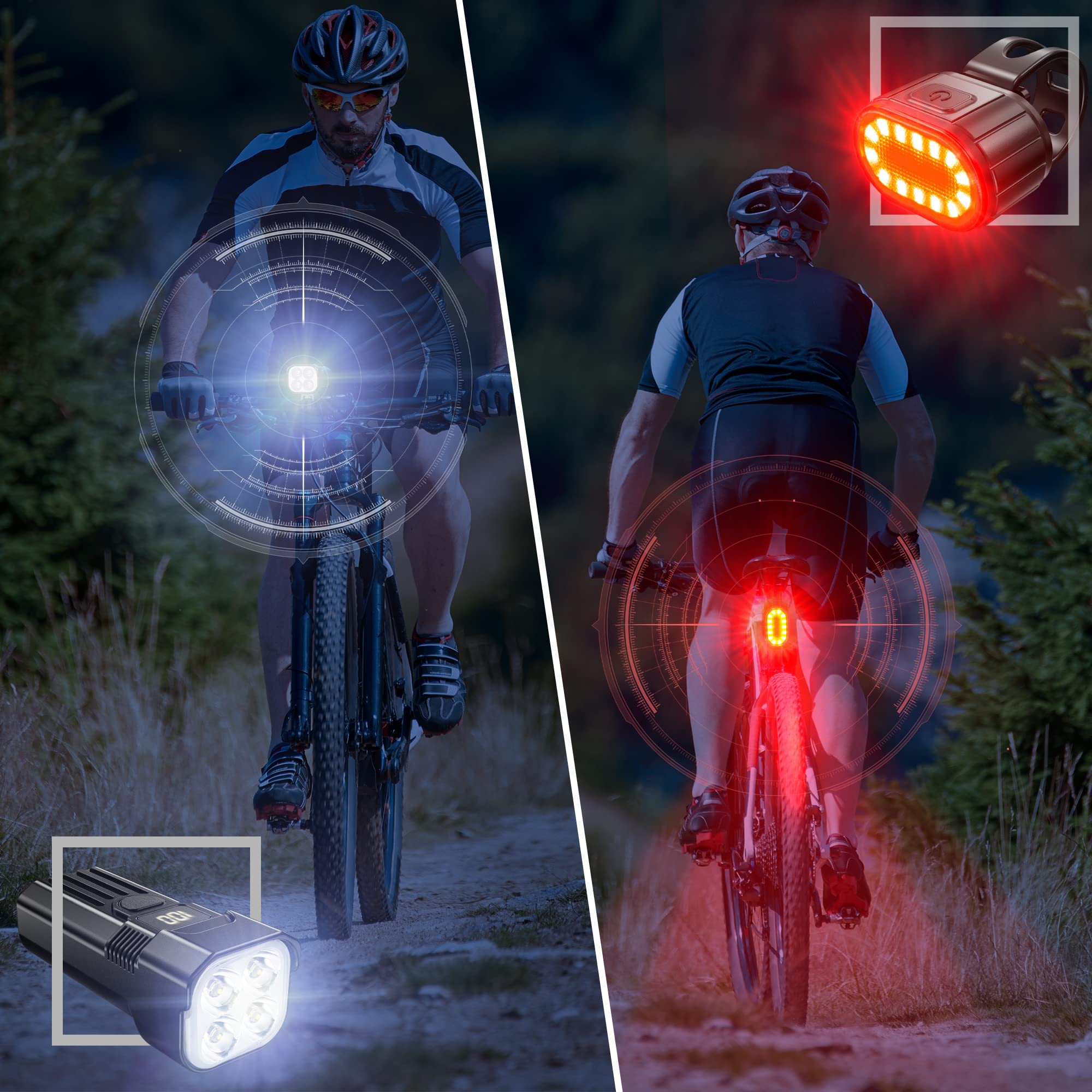 Bike Lights Set 2000 Lumen - USB-C Rechargeable Headlight & Taillight, LCD Display