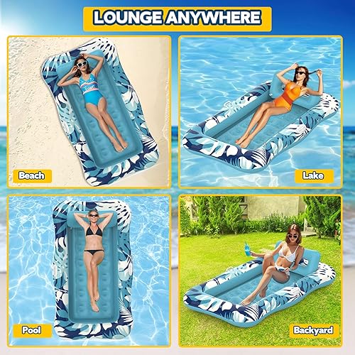 Miniatura 8 de Pool Floats Adult,76" x 48" XL Inflatable Tanning Pool Lounger Float with Pillow,4 in 1 Suntan Tub Sunbathing Raft Floatie Water-Filled Mattress